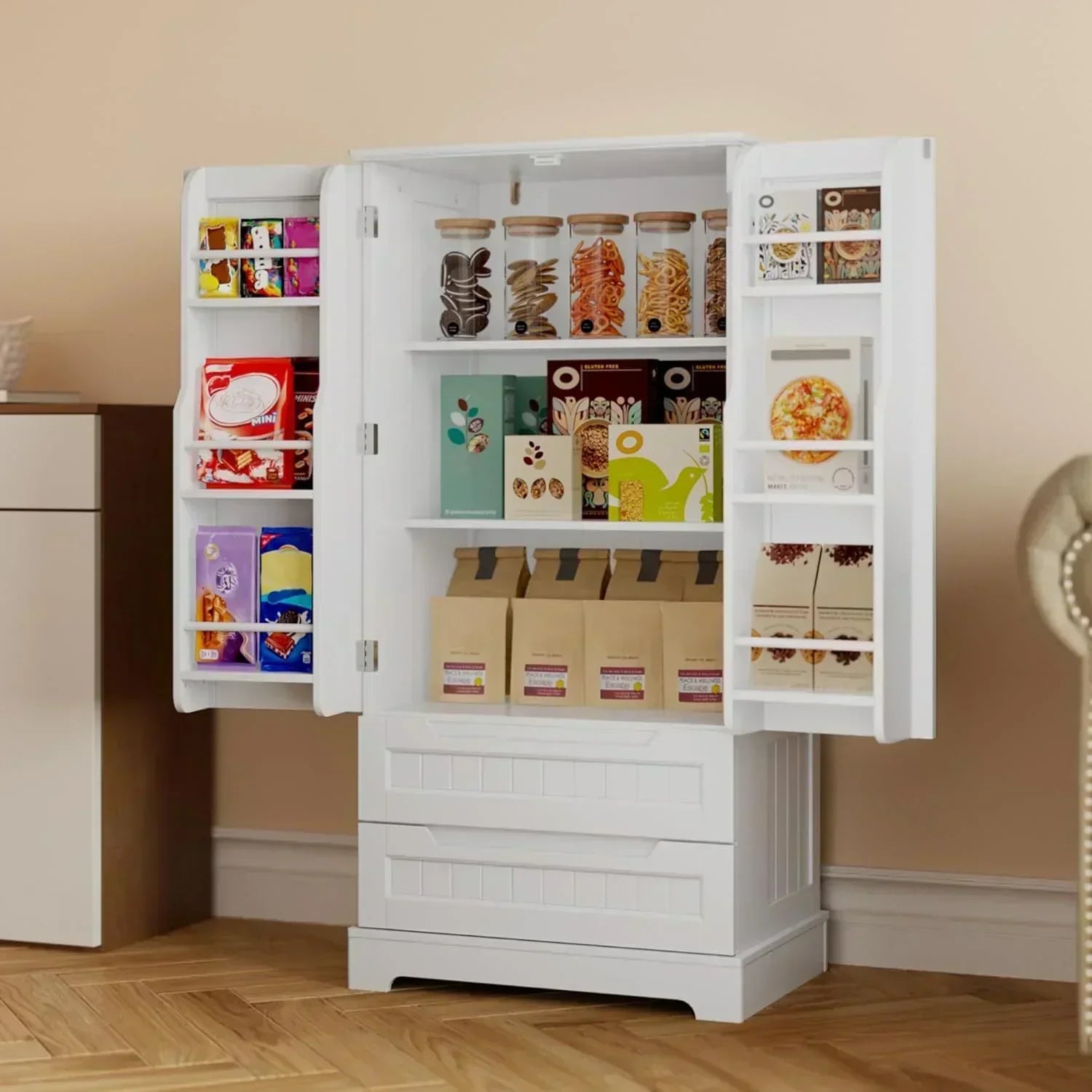 Gizoon Kitchen Pantry Cabinet with Drawers Freestanding Bathroom Storage Cabinet with Doors