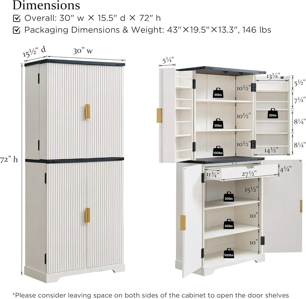 Fluted Pantry Cabinet 72 Tall Modern Storage Cabinet with 4 Doors Organizer Drawer