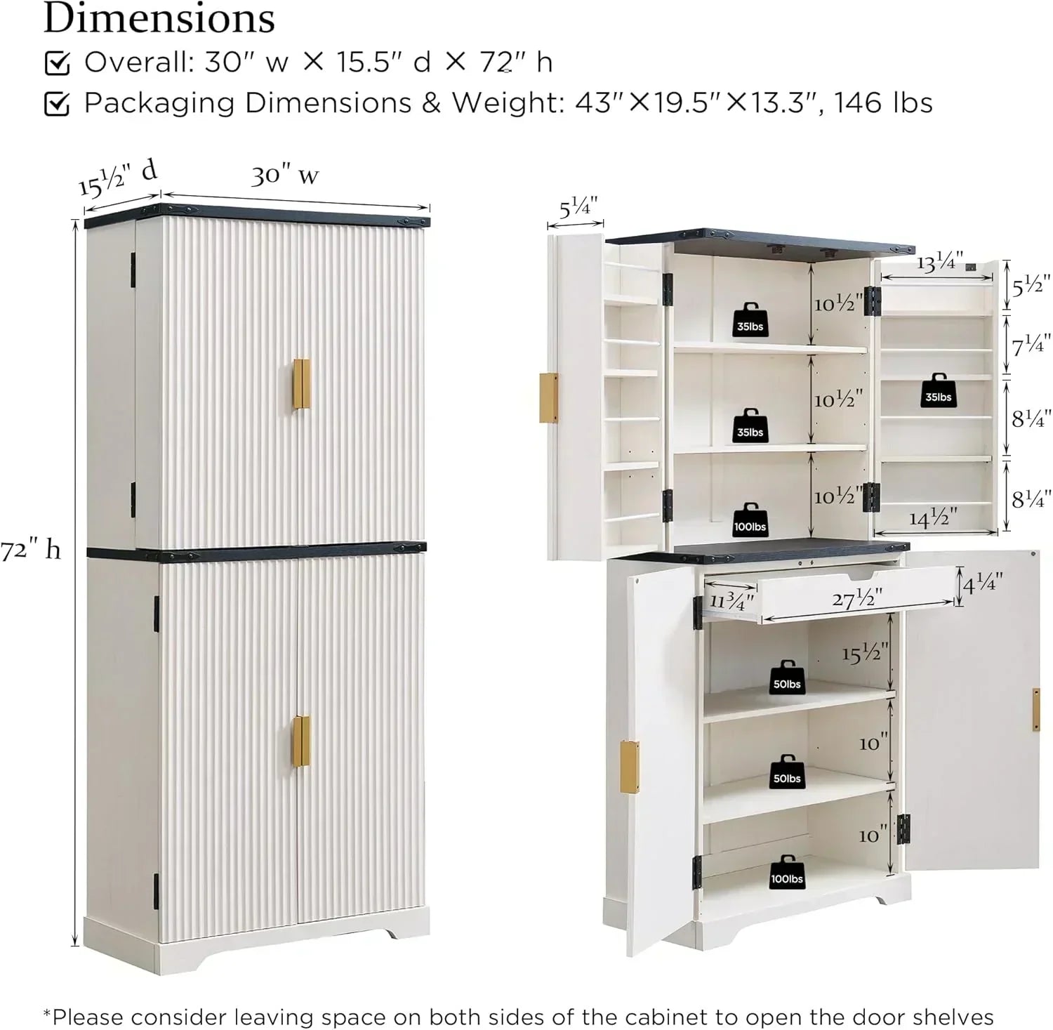Fluted Pantry Cabinet 72 Tall Modern Storage Cabinet with 4 Doors Organizer Drawer