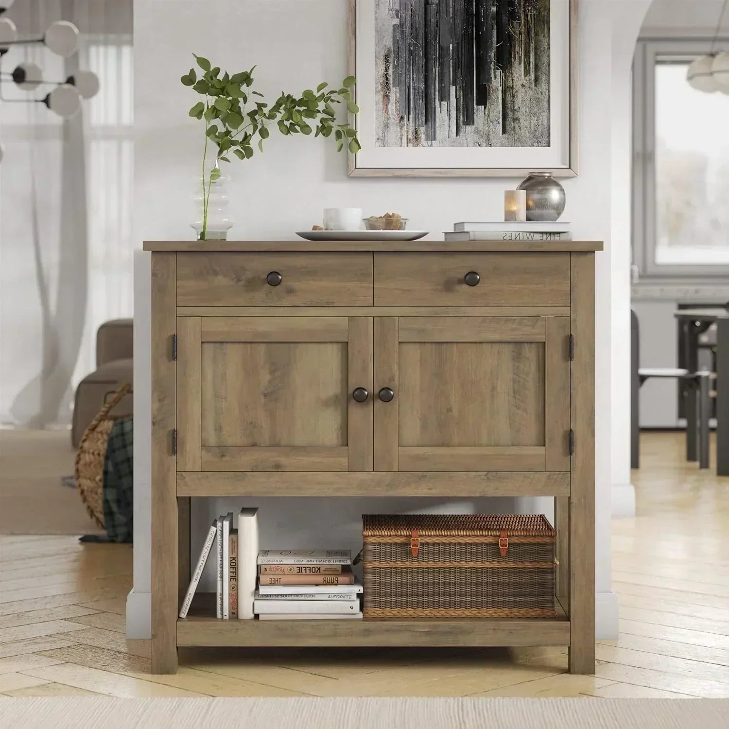Farmhouse style console table coffee bar entry table with storage rack sofa table