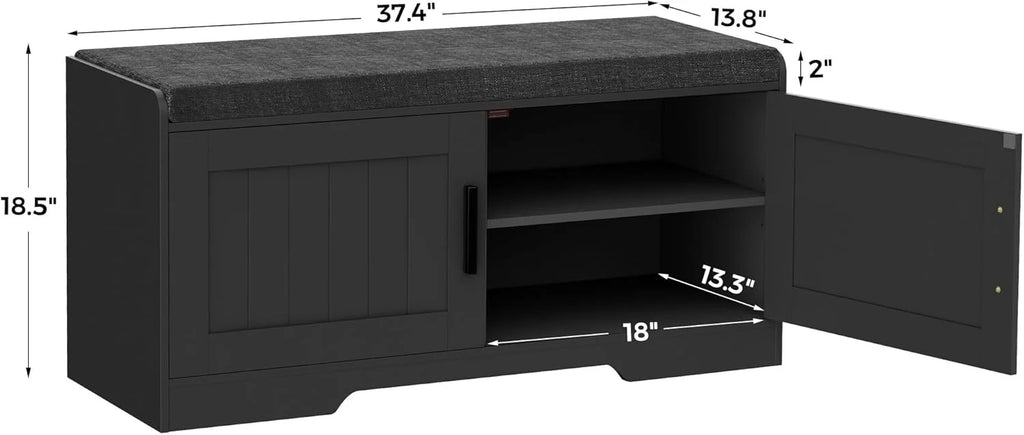 2-Tier Storage Bench, Shoe Bench with Thickened Padded Seat Cushion, Entryway Bench with 4 Doors, Adjustable Shelf, 13.8 D x 45.3 W x 18.5 H, for Entryway, Living Room, Bedroom, White