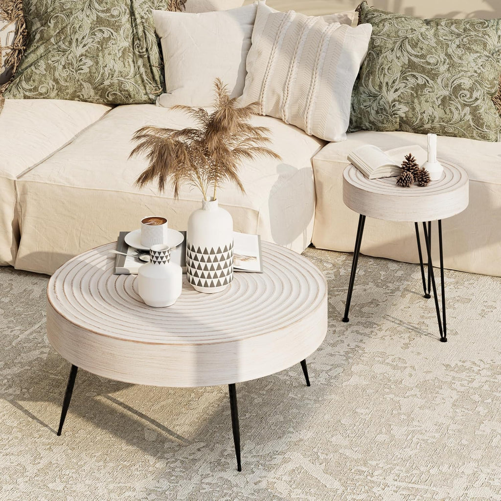 Two-Piece Modern Farmhouse Living Room Coffee Table Set Round Nesting Tables