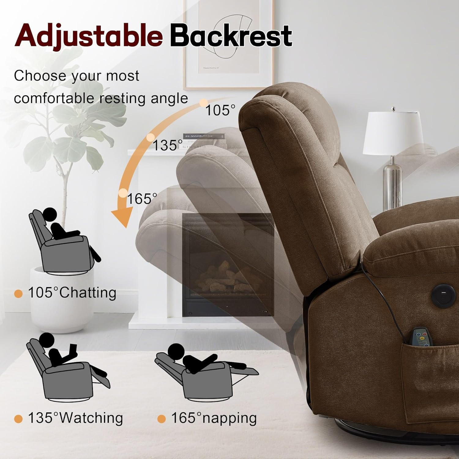Adult rocking chair, gliding recliner, 360° rotating rocking chair with massage and heating function