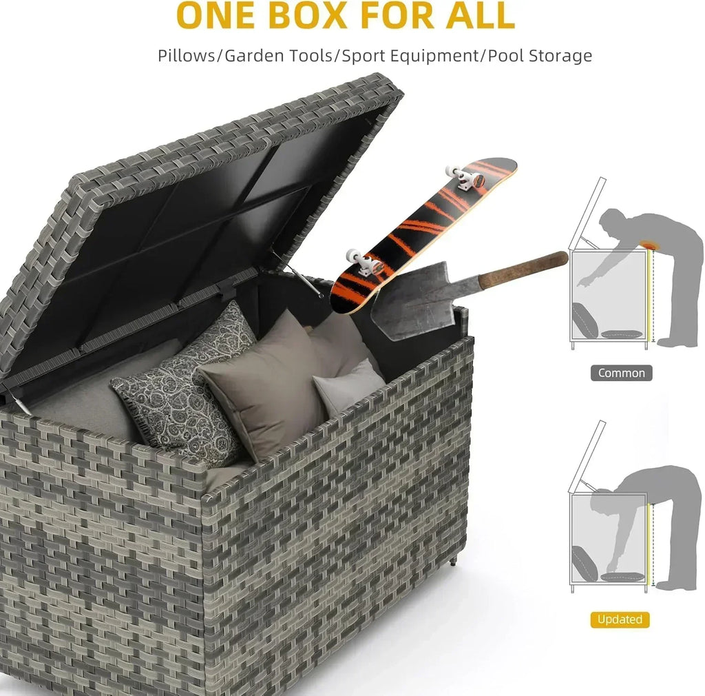 DWVO 70Gal Outdoor Storage Bench with Cushion Composite Wood Backrest Wicker Deck Bench
