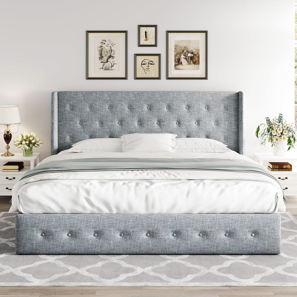 Allewie Queen Size Lift Up Storage Bed Modern Wingback Headboard Hydraulic Support