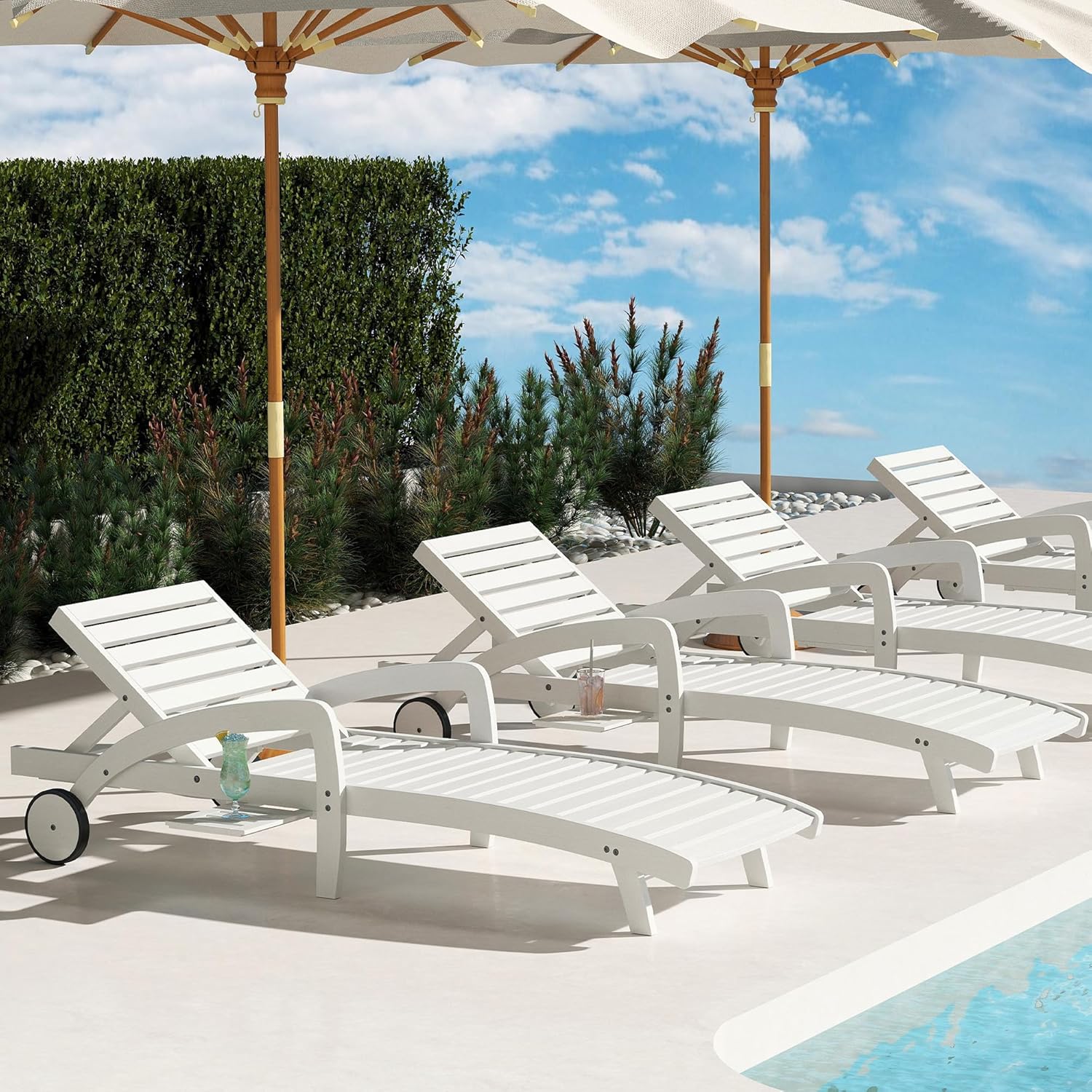Pool Chaise Lounge Chairs Set of 4 5-Position Adjustable Outdoor Patio Lounge Chairs Wood Reclining Chaise Lounger Chair with Pullout Side Table