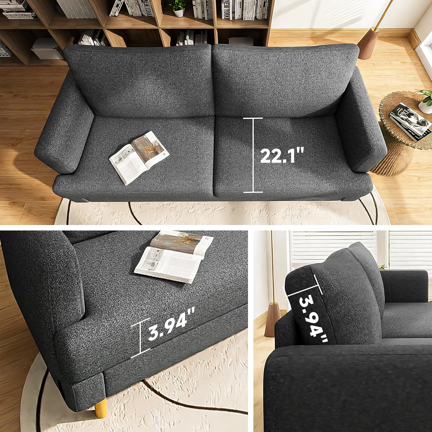 Loveseat Sofa Couch for Living Room USB Type C Ports Dark Gray Upholstered Small Couches