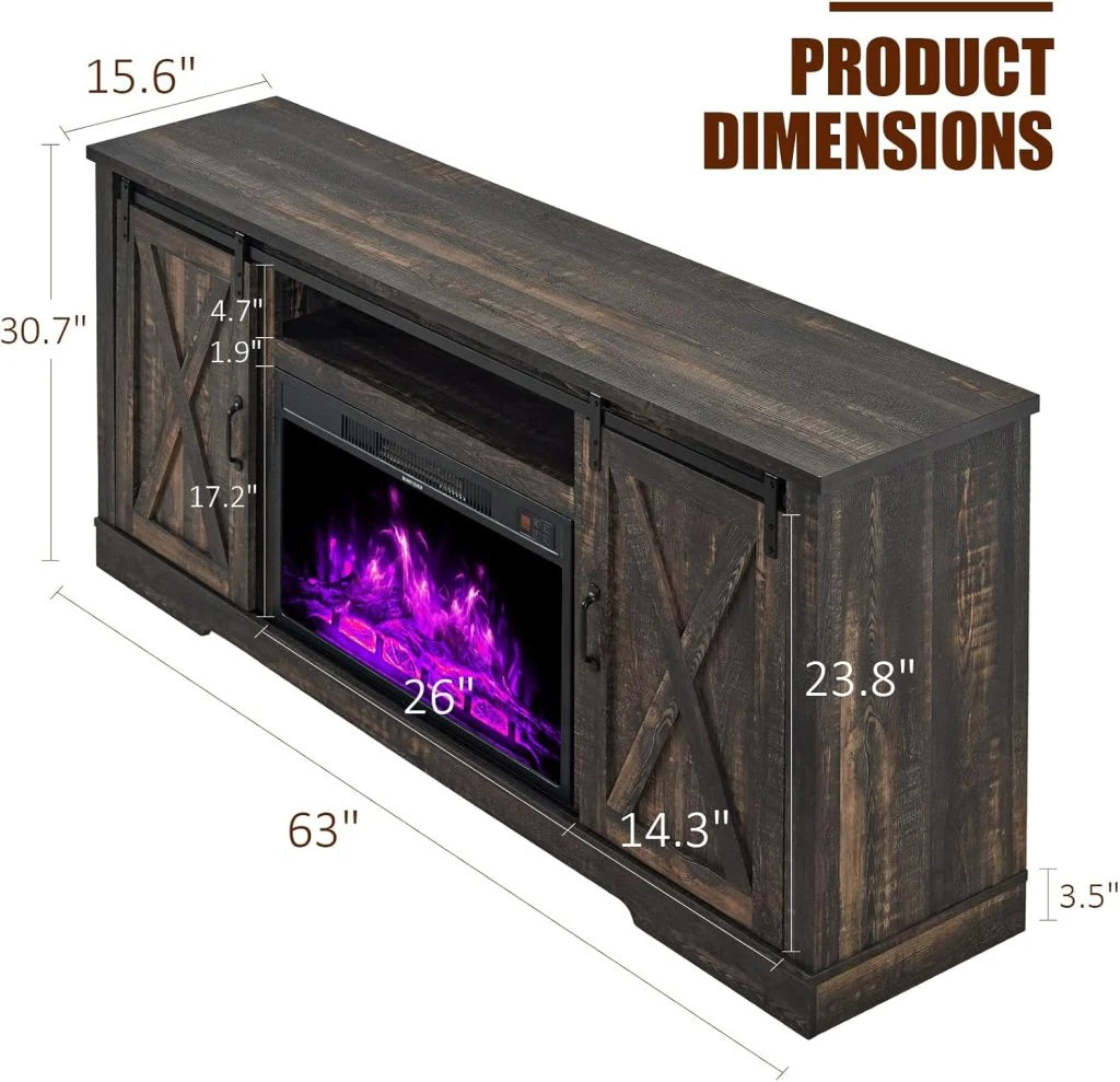 AMERLIFE Fireplace TV Stand with Sliding Barn Door for TVs up to 73, Farmhouse 63 Fireplace Entertainment Center with Storage Cabinets/Adjustable Shelves