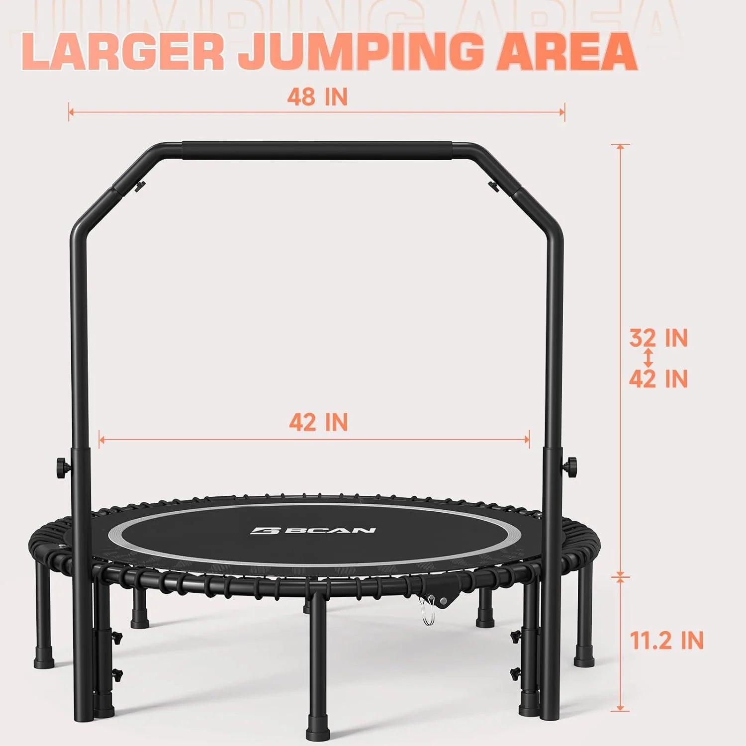 BCAN 450/550 LBS Foldable Mini Trampoline, 40/48 Fitness Trampoline with Bungees, U Shape Adjustable Foam Handle, Stable & Quiet Exercise Rebounder for Adults Indoor/Outdoor Workout