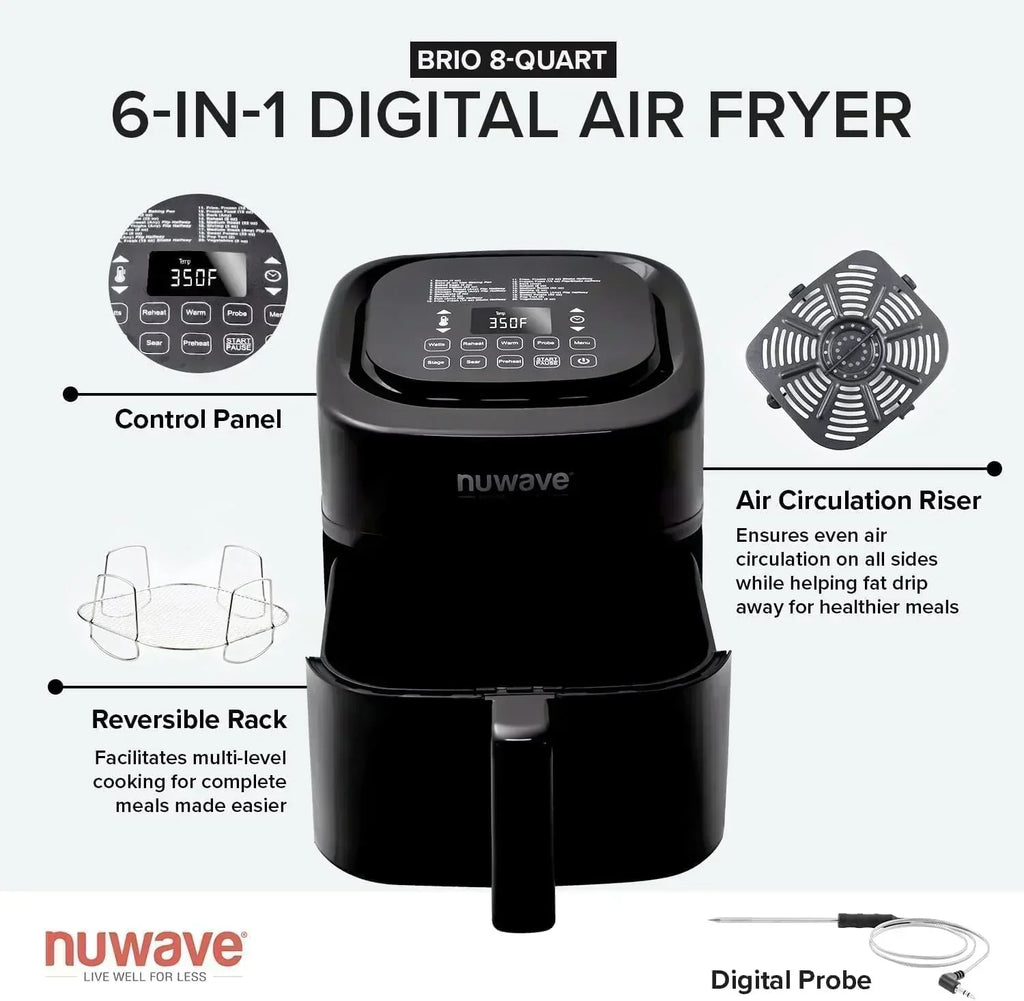 Nuwave Brio 15.5Qt Air Fryer Oven quickly reheats bakes and dehydrates food