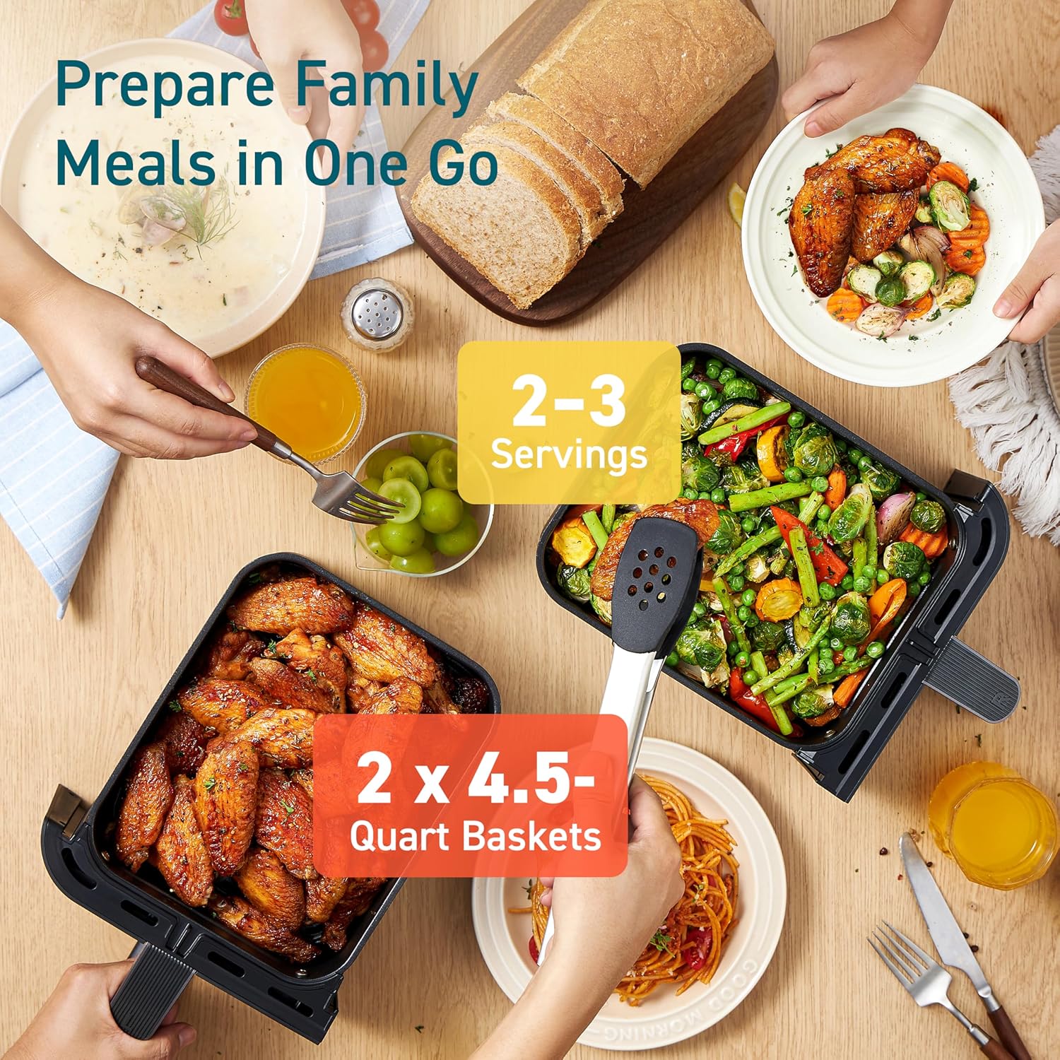 COSORI 9Qt 10-in-1 Dual Air Fryer Fresh Balanced Meals for Family with Double Baskets
