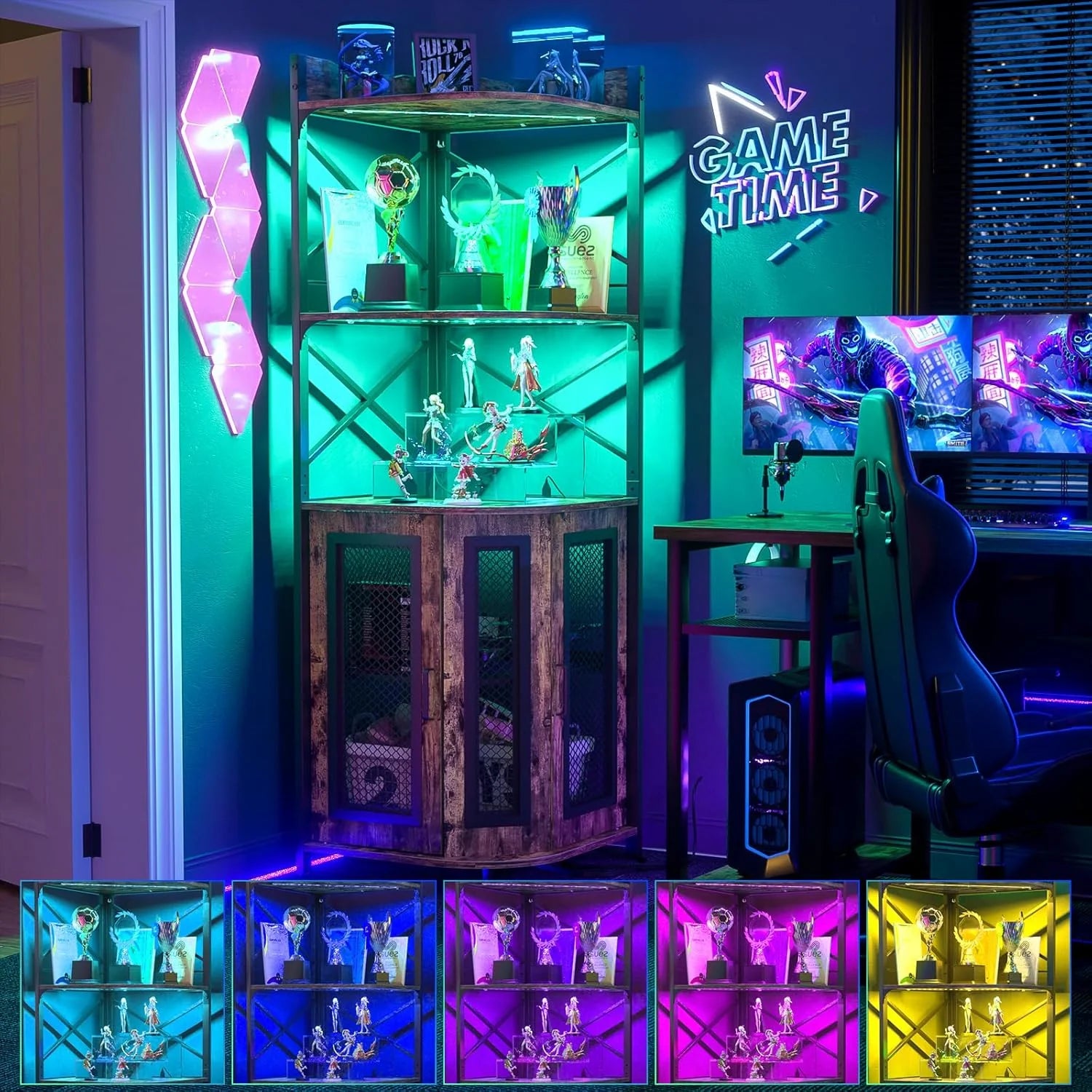 Aheaplus Corner Bar Cabinet with Power Outlet, Industrial Wine Cabinet with LED Strip and Glass Holder, 5-Tiers Liquor Cabinet Bar Unit for Home, Corner Display Cabinet for Small Space, White Oak
