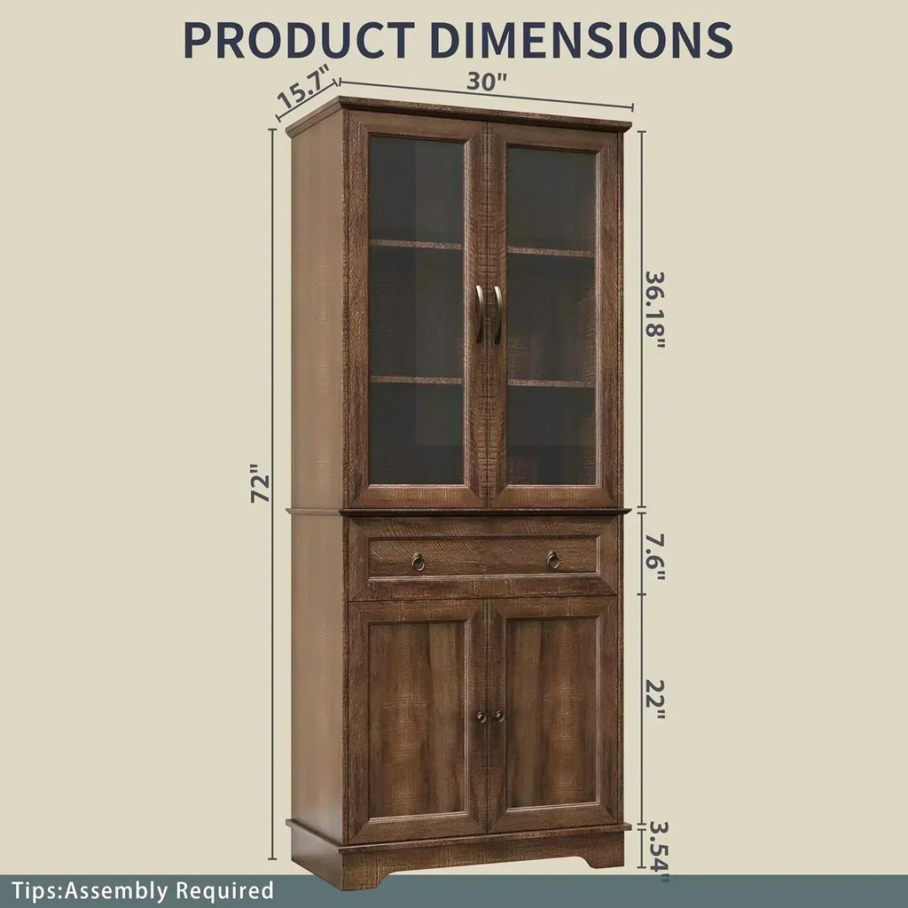 Kitchen Hutch Pantry Cabinet 71 Tall with Glass Doors
