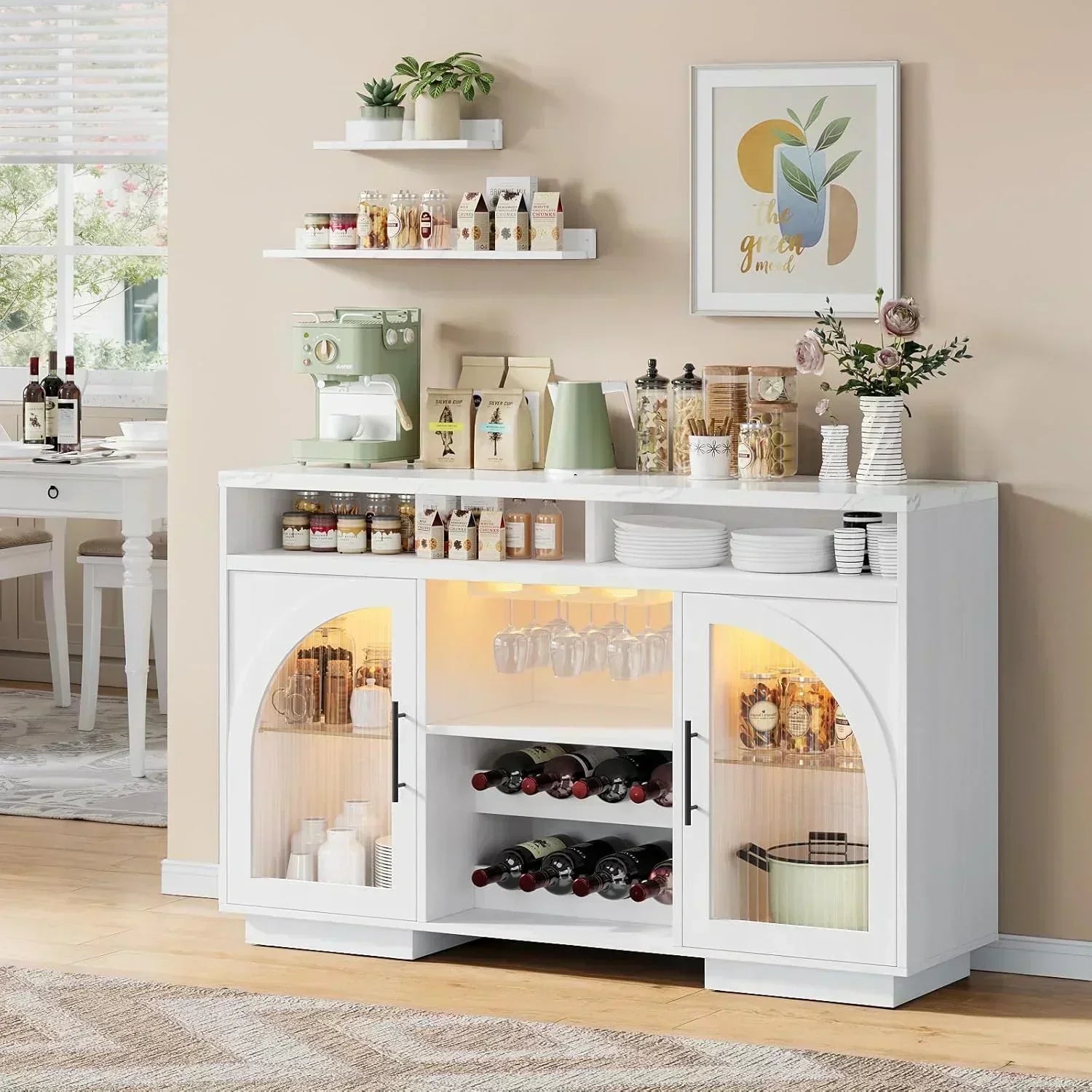 Sideboard 54-inch kitchen cabinet with LED lights and arched glass doors tall bar cabinet