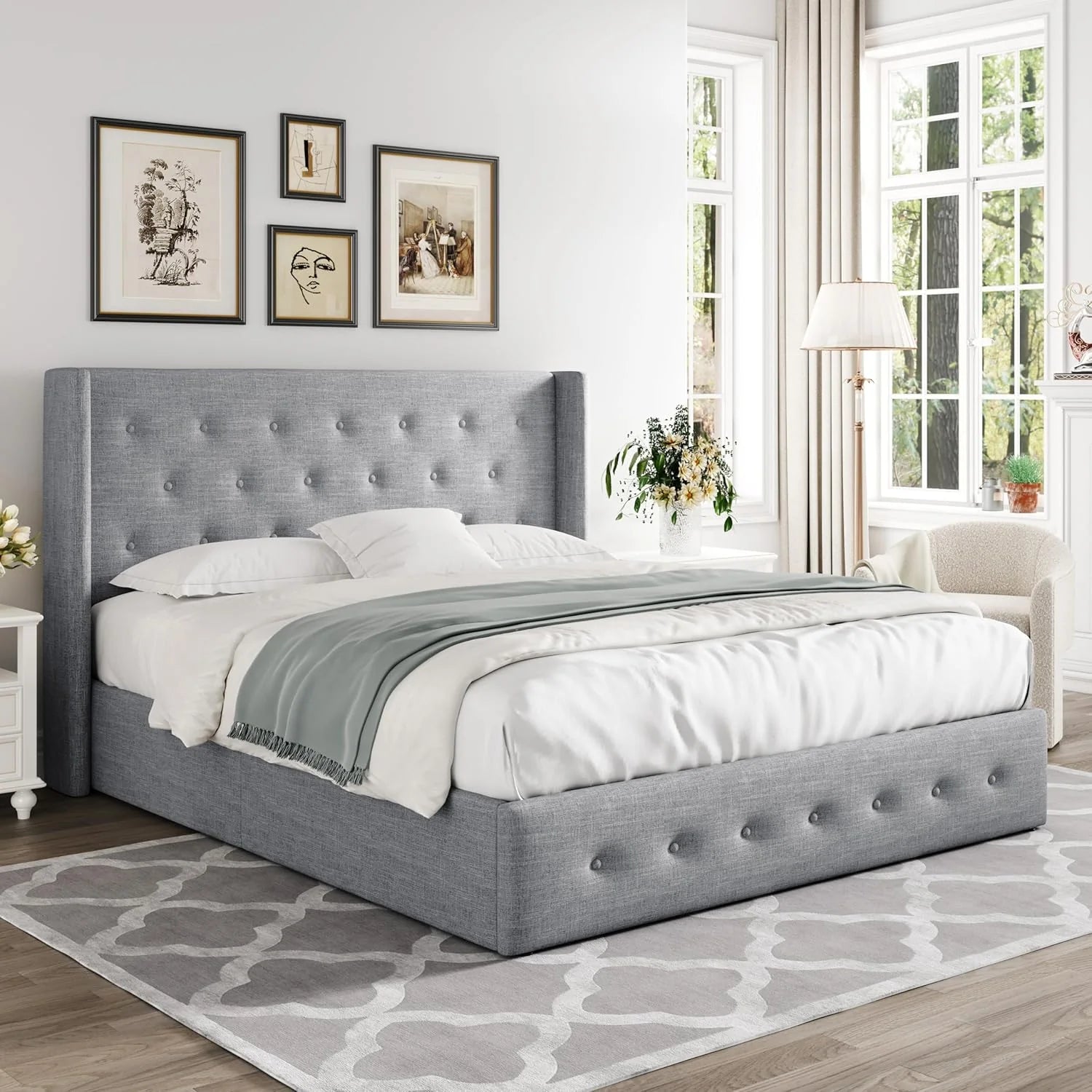 Allewie Queen Size Lift Up Storage Bed Modern Wingback Headboard Hydraulic Support