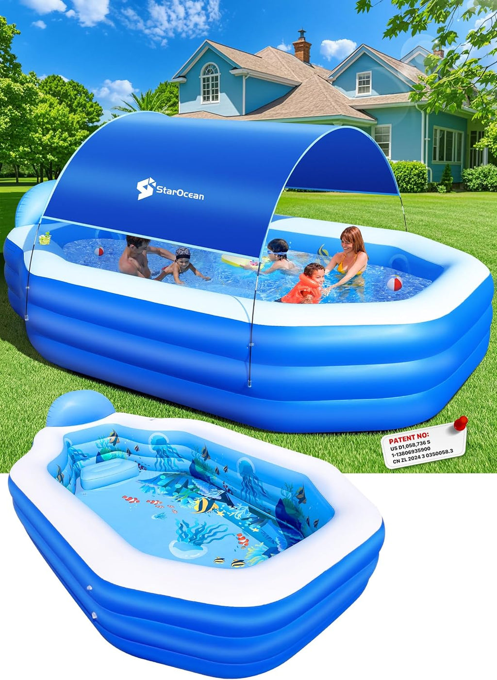 Inflatable Pool with Canopy, Large Inflatable Swimming Pool for Kids,Adult, Blow Up Pools with Seats,Backrest.Durable Thickened Inflatable Family Pools for Backyard,118x75x22-Dark Blue