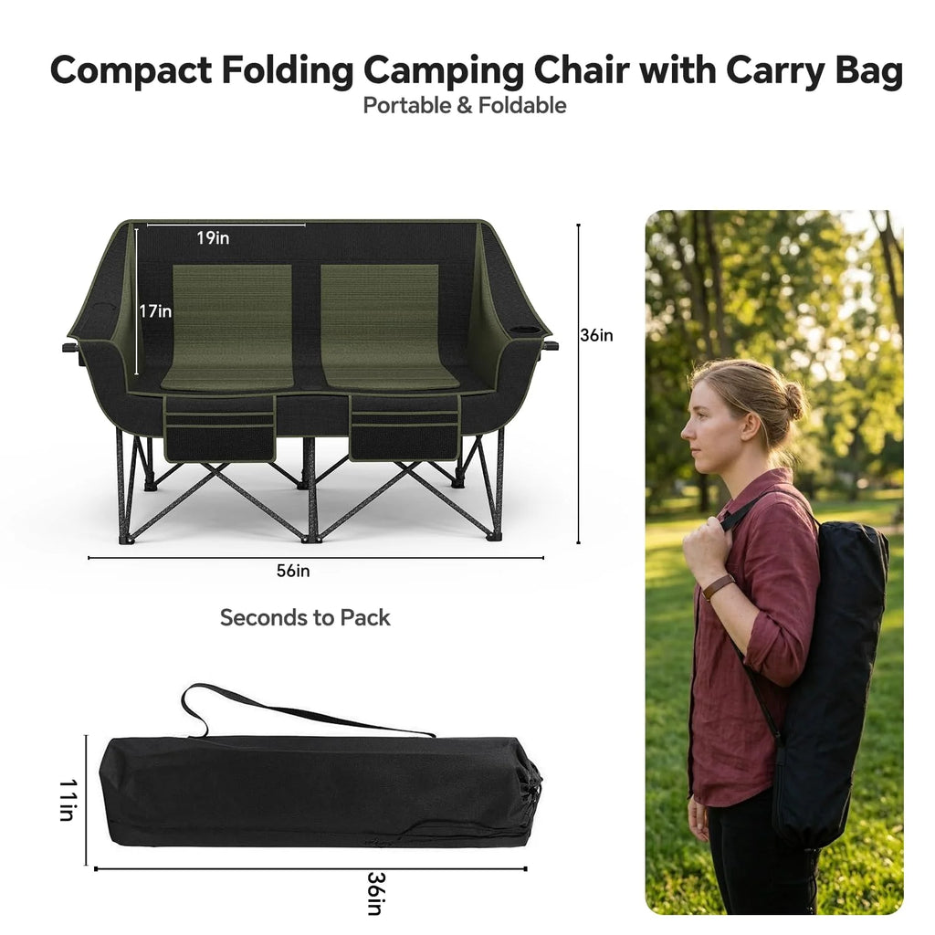 Oversized Heavy Duty Folding Camping Chair for Two Adults Loveseat with Cup Holders and Carry Bag 660 lbs
