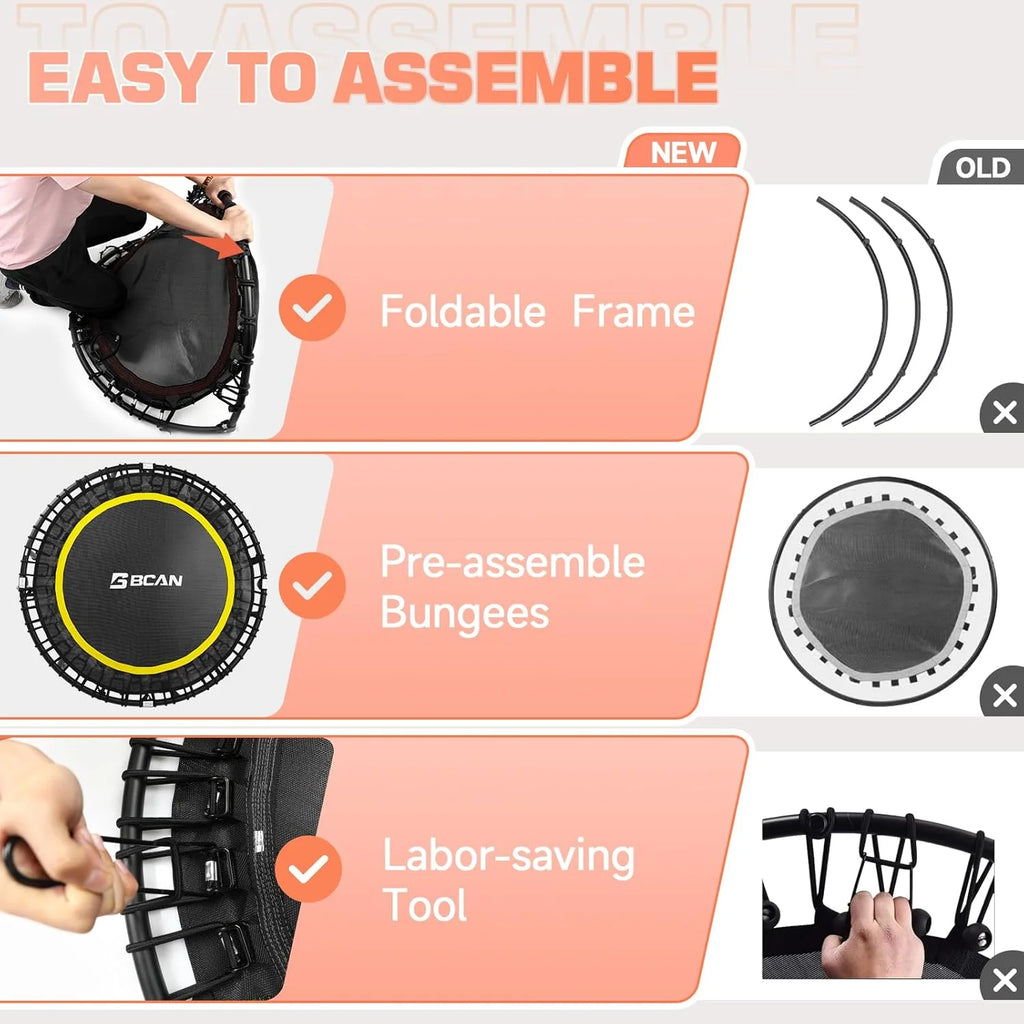 BCAN 450/550 LBS Foldable Mini Trampoline, 40/48 Fitness Trampoline with Bungees, U Shape Adjustable Foam Handle, Stable & Quiet Exercise Rebounder for Adults Indoor/Outdoor Workout
