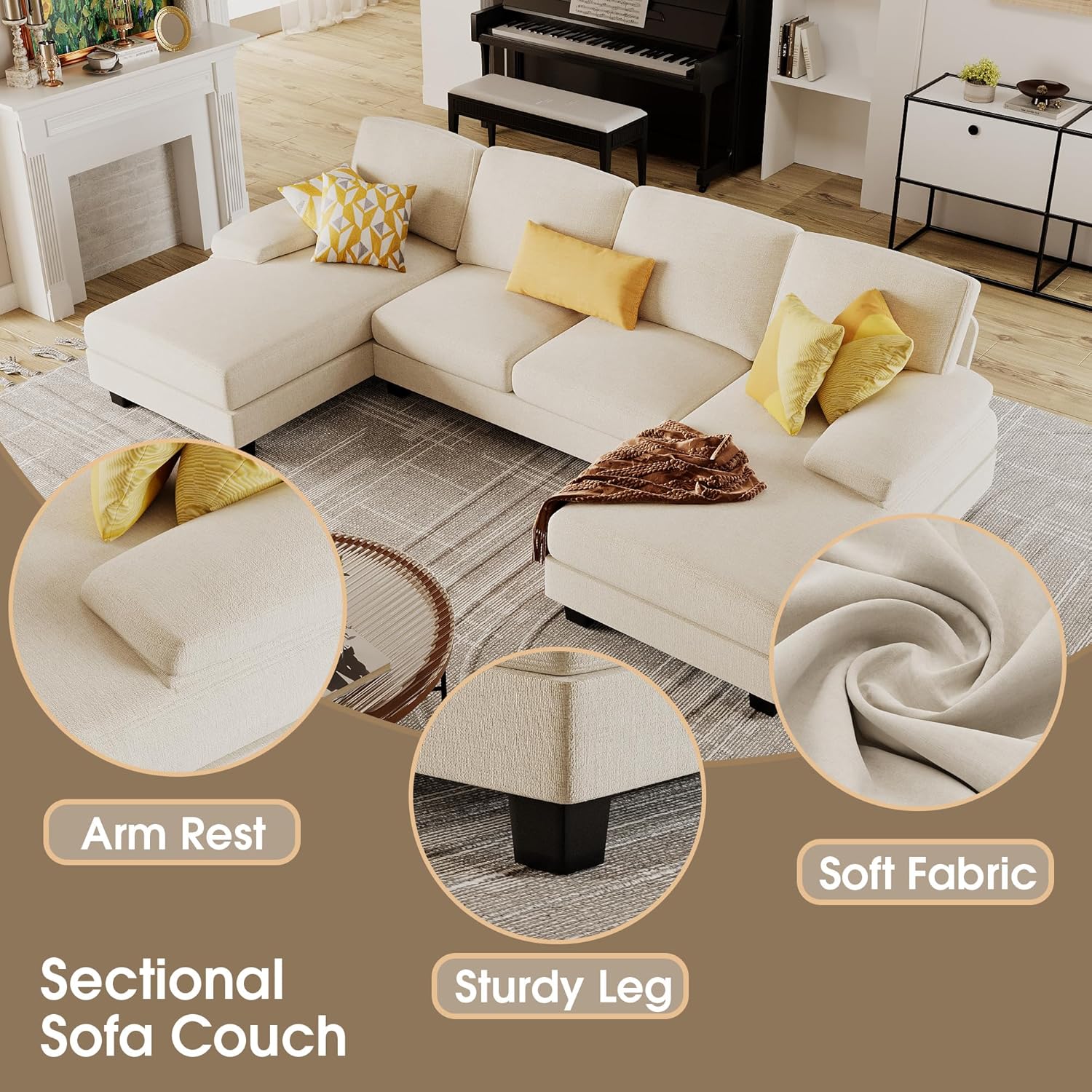 Furmax Sectional Couches for Living Room U-Shaped Sofa Couch Linen Fabric 4 Seat Sofa Set