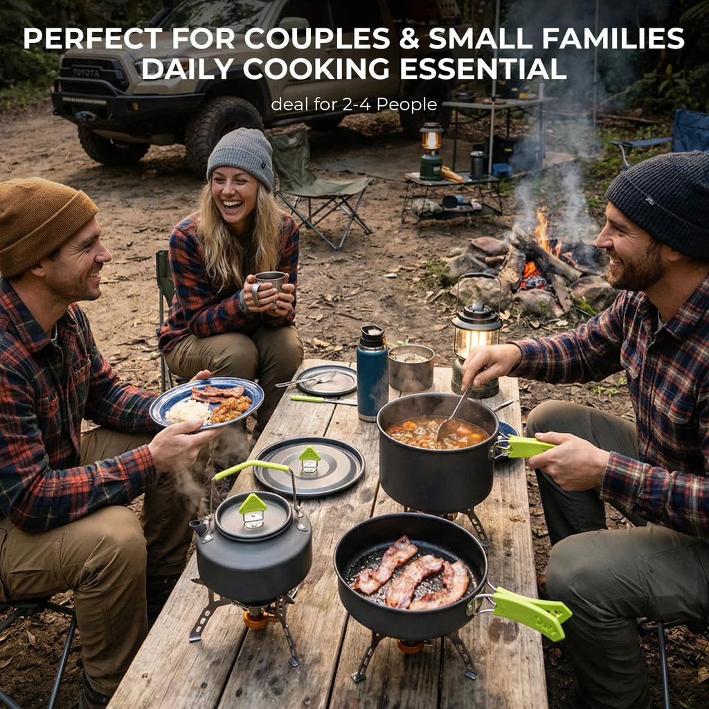 4 Piece Lightweight Aluminum Camping Cookware Set with Kettle for 2 to 4 People
