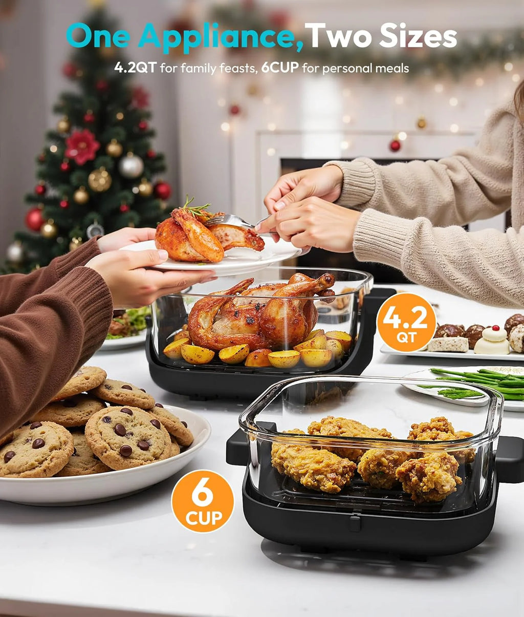 Rellytech Portable Glass Air Fryer - 1500W, 4.2 QT & 6-Cup Dual Glass Containers