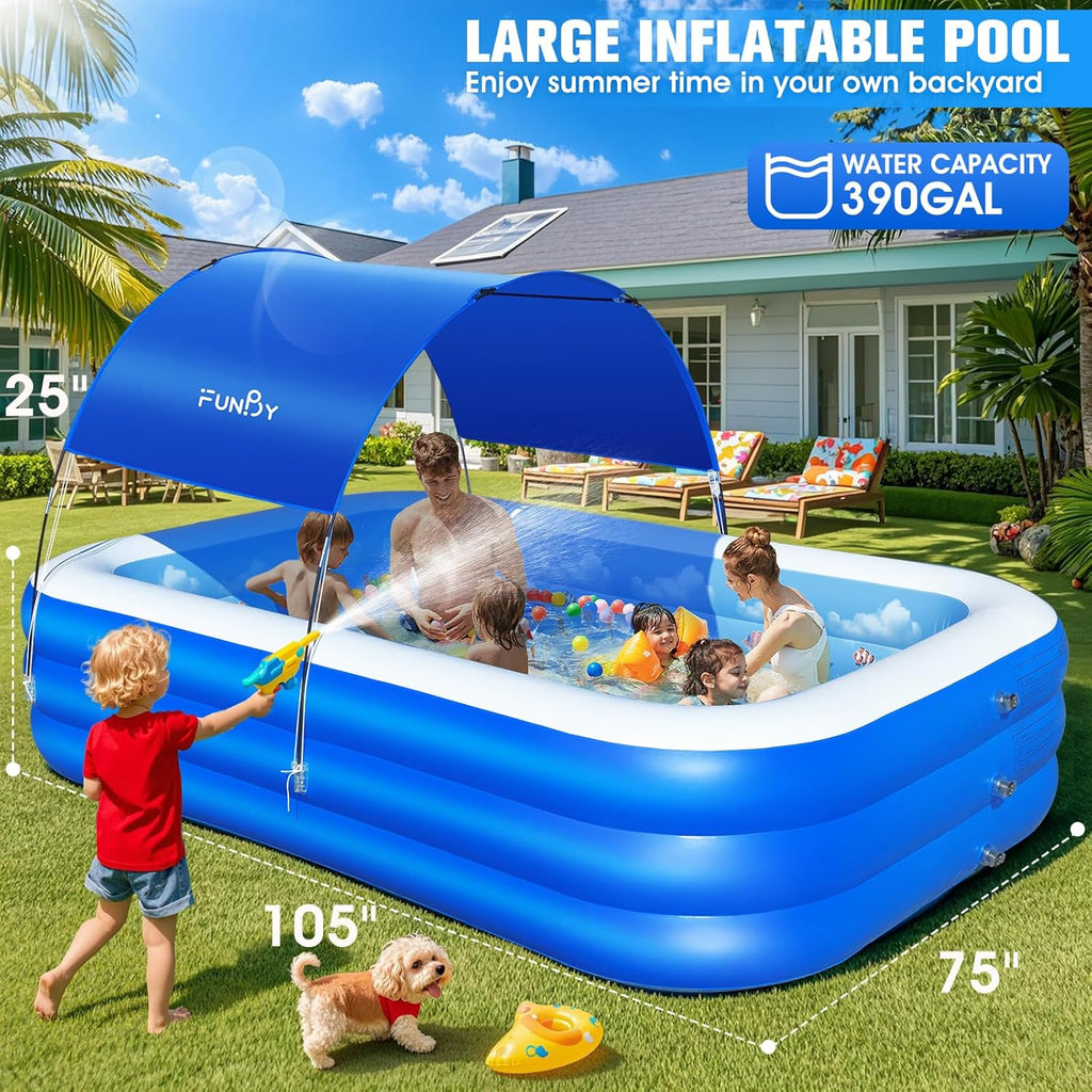 Inflatable Pool with Canopy,Upgraded Inflatable Swimming Pool for Kids,Adult,Large Inflatable Blow up Pools,Ocean Theme Oversized Thickened 105x75x25Inflatable Family Pools for Backyard-Blue