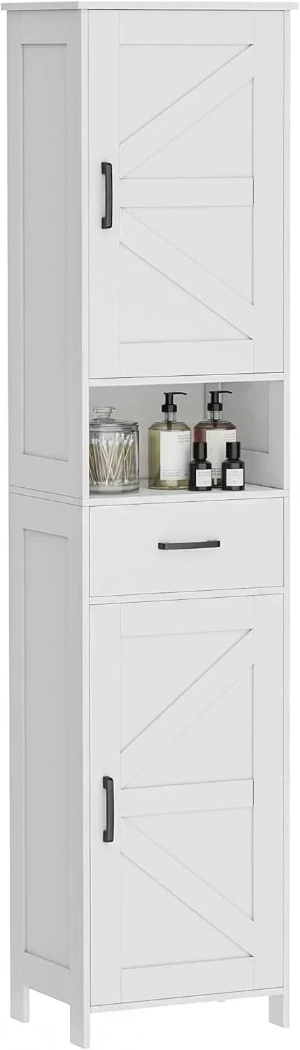 Homhedy 67 H Tall Bathroom Storage Cabinet with 2 Barn Doors and 1 Drawer Narrow Storage Unit
