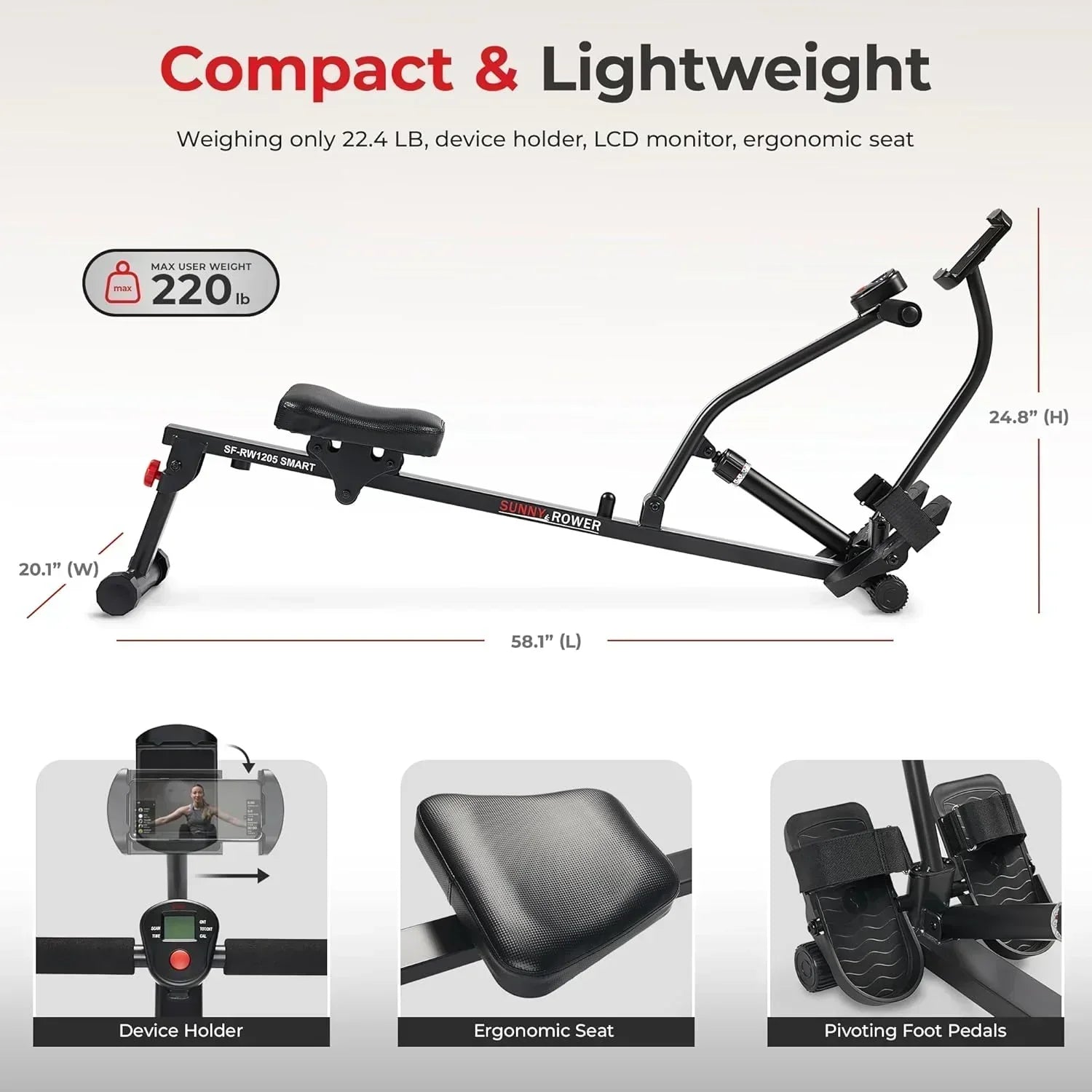Sunny Health & Fitness Compact Adjustable Rowing Machine with 12 Levels of Resistance