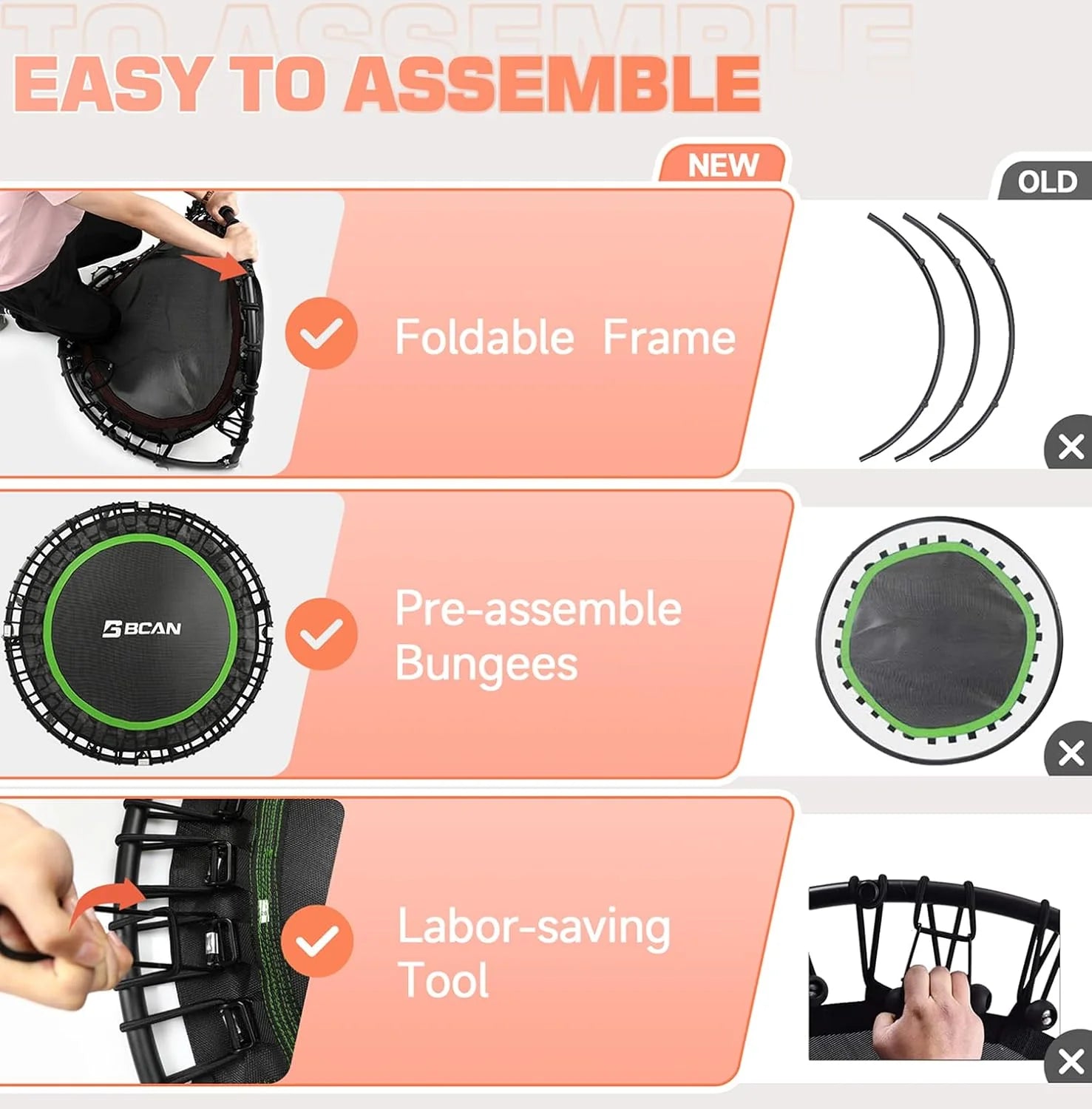 BCAN 450/550 LBS Foldable Mini Trampoline, 40/48 Fitness Trampoline with Bungees, U Shape Adjustable Foam Handle, Stable & Quiet Exercise Rebounder for Adults Indoor/Outdoor Workout