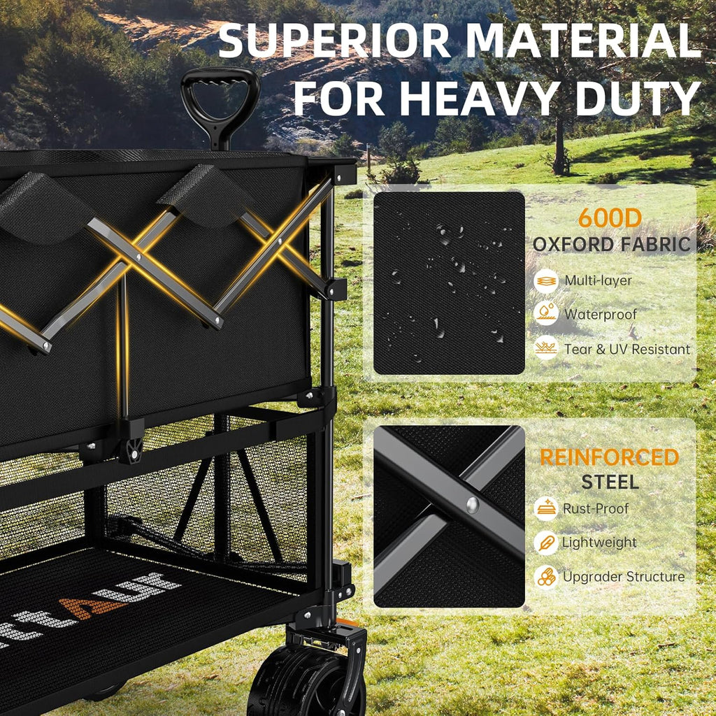 Foldable 50''L Extra Long Double Decker Wagon for Sport 400L Collapsible Heavy Duty Wagon Cart