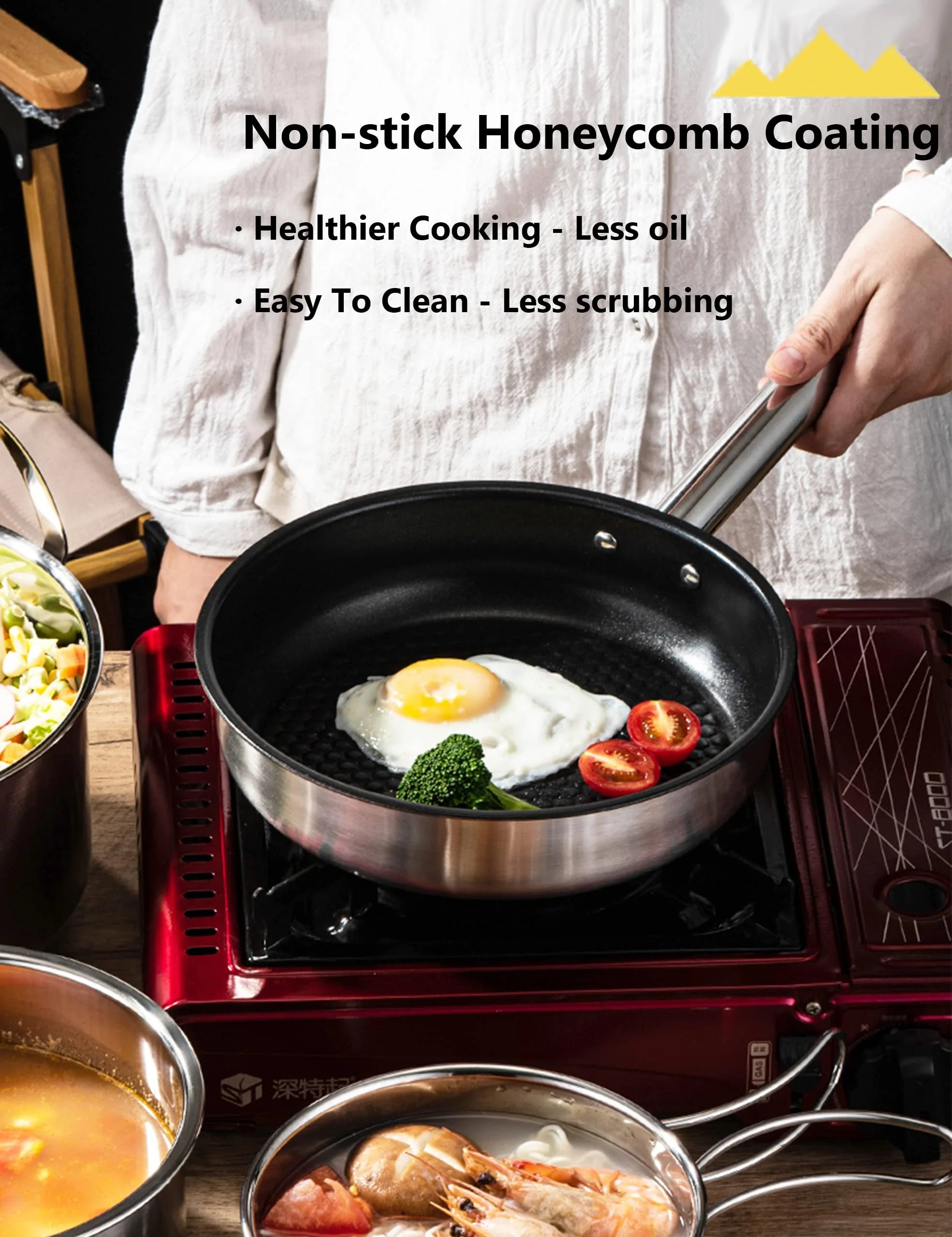 5 Piece Stainless Steel Camping Cookware Set with Skillet and Carry Bag for 4 to 8 People