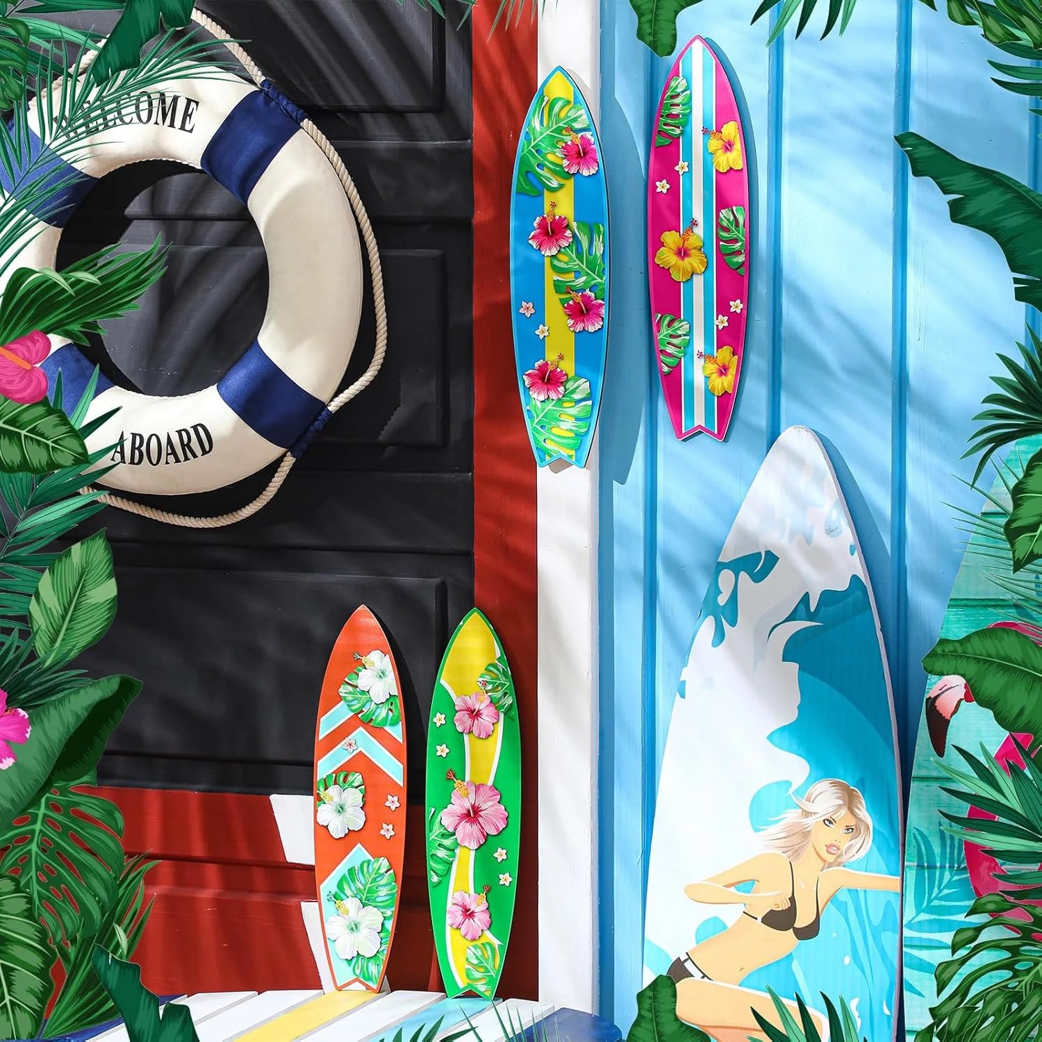 Blulu 4 Pcs Surfboard Wall Decor Surfboard Wall Hanging Sign Wooden Beach Decoration Summer Theme Decor Hawaiian Luau Party Decoration for Home Bar Aloha Tropical Birthday Party(Tiki)