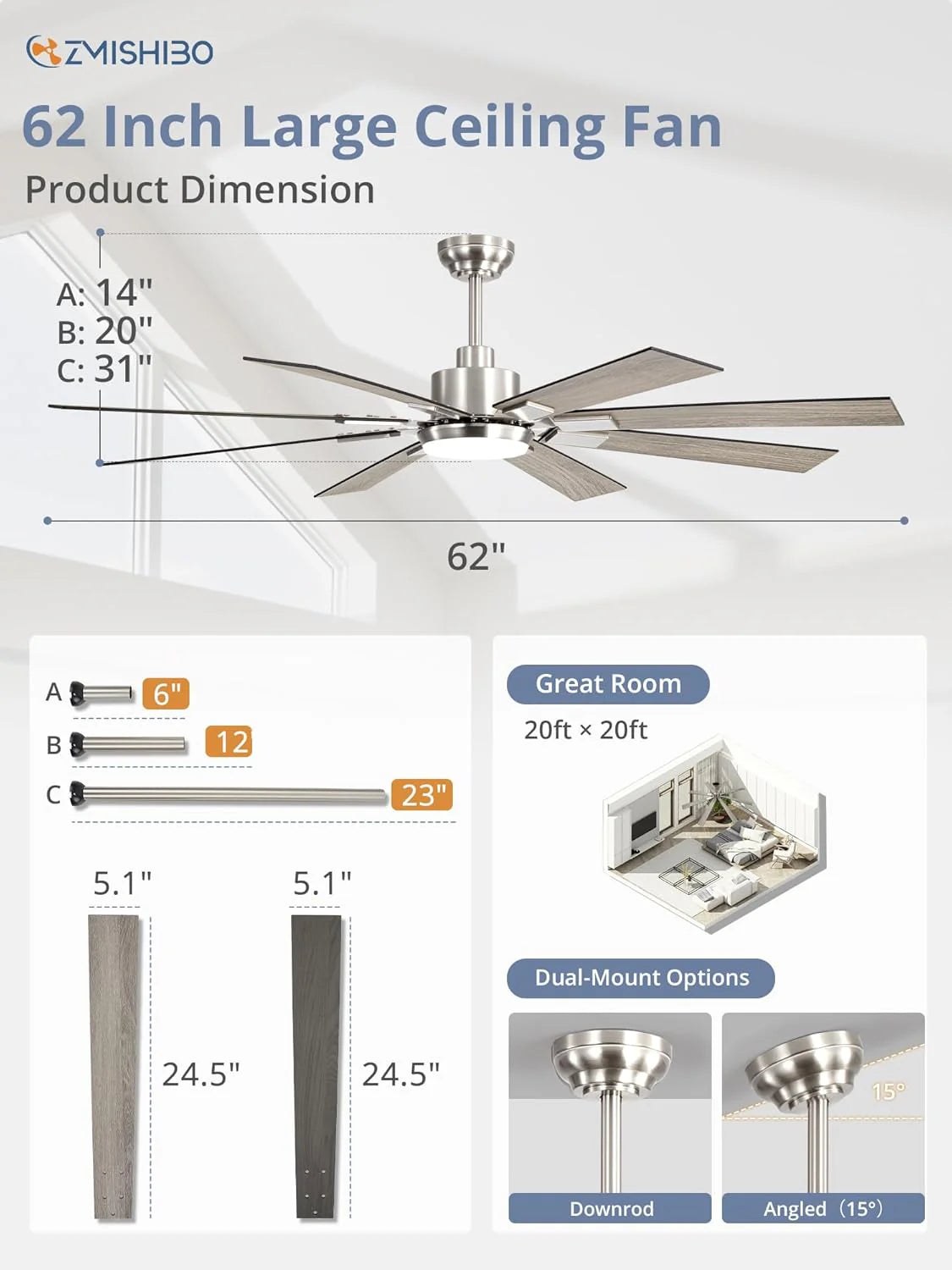 ZMISHIBO 72 inch Large Ceiling Fans with Lights and Remote, Indoor/Outdoor Black Modern Ceiling Fan for Kitchen Living Room Patio, 6 Speed Reversible Quiet DC Motor, 3 CCT, Dual Finish 8 Blades