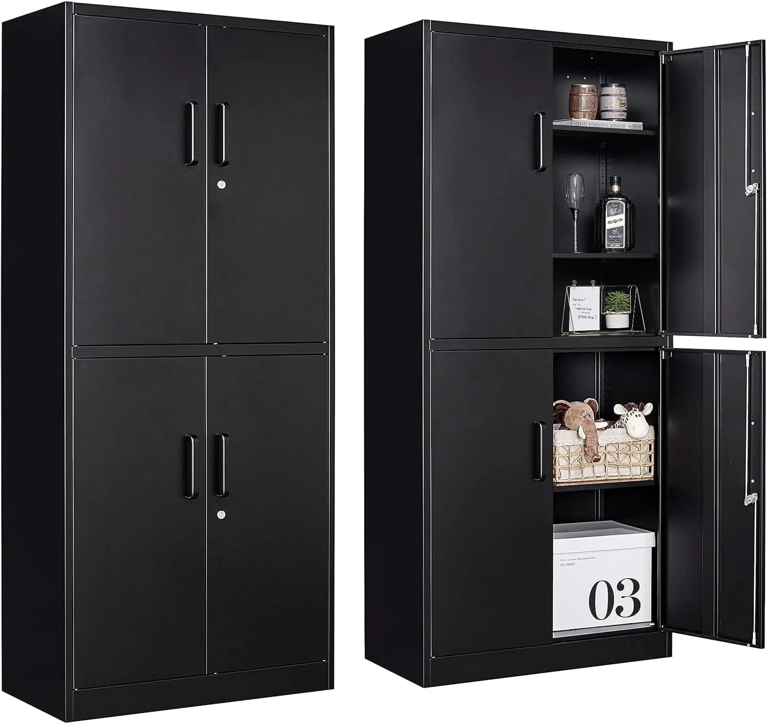 Metal Storage Cabinet with 2 Doors and 6 Shelves, Black Metal Cabinet with Lock, 71 Inch Lockable Garage Storage Cabinet