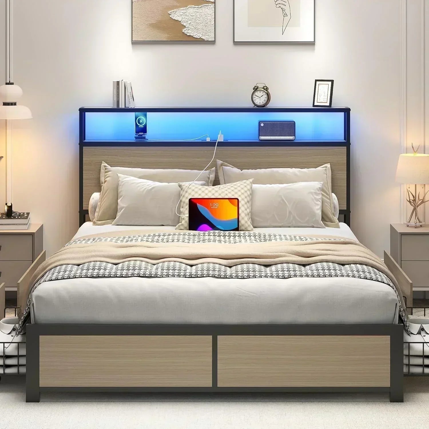 Lifezone Queen Bed Frame 2-Tier Storage Headboard Metal Platform Bed Frame 4 Storage Drawers