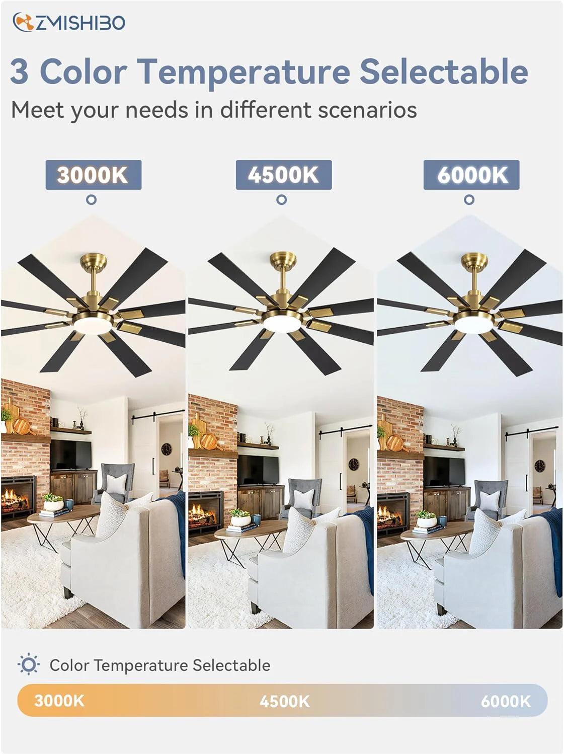 ZMISHIBO 72 inch Large Ceiling Fans with Lights and Remote, Indoor/Outdoor Black Modern Ceiling Fan for Kitchen Living Room Patio, 6 Speed Reversible Quiet DC Motor, 3 CCT, Dual Finish 8 Blades