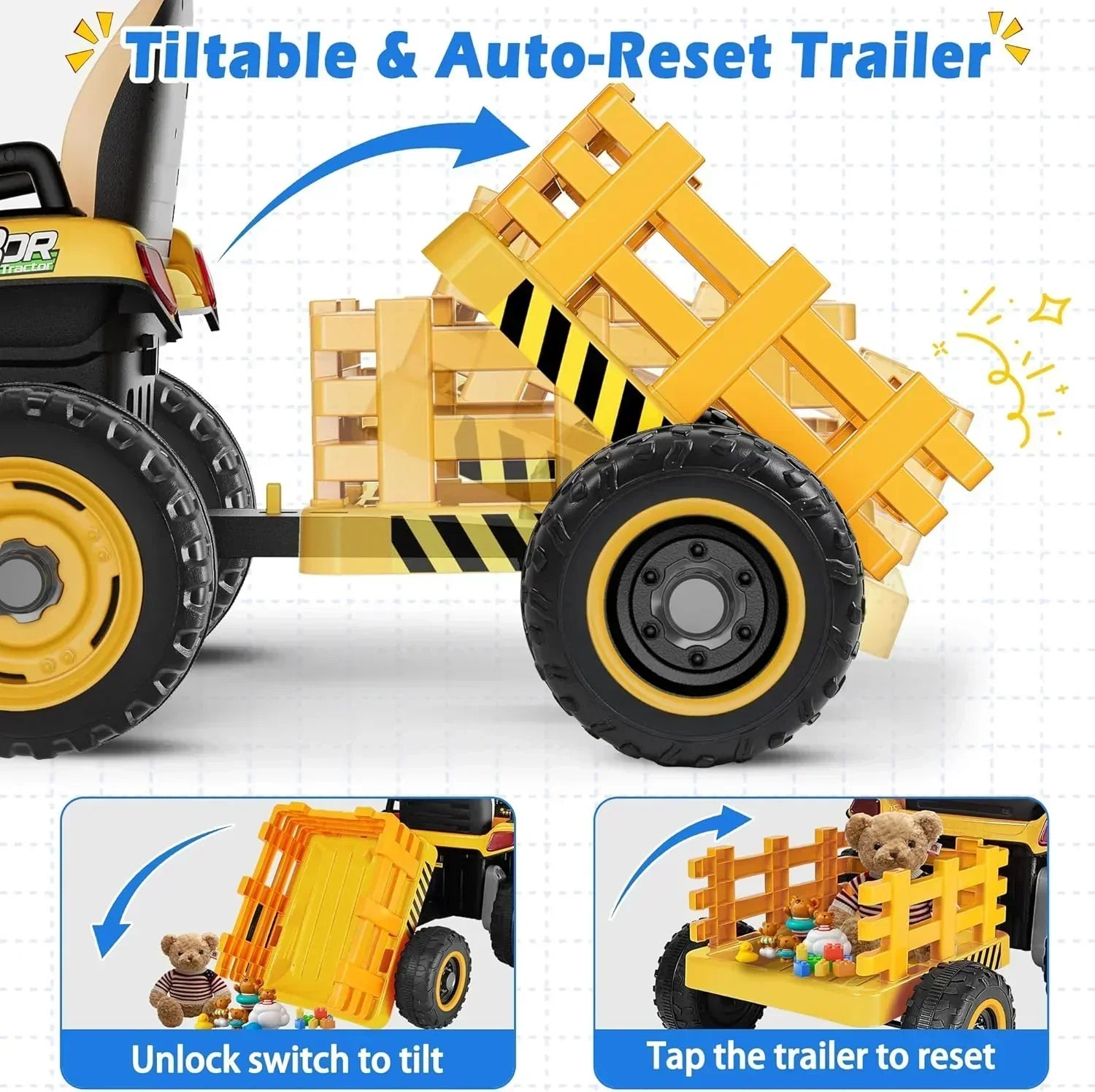 24V Ride On Tractor Tiltable Detachable Trailer 2x65W Motors EVA Tires Remote Control