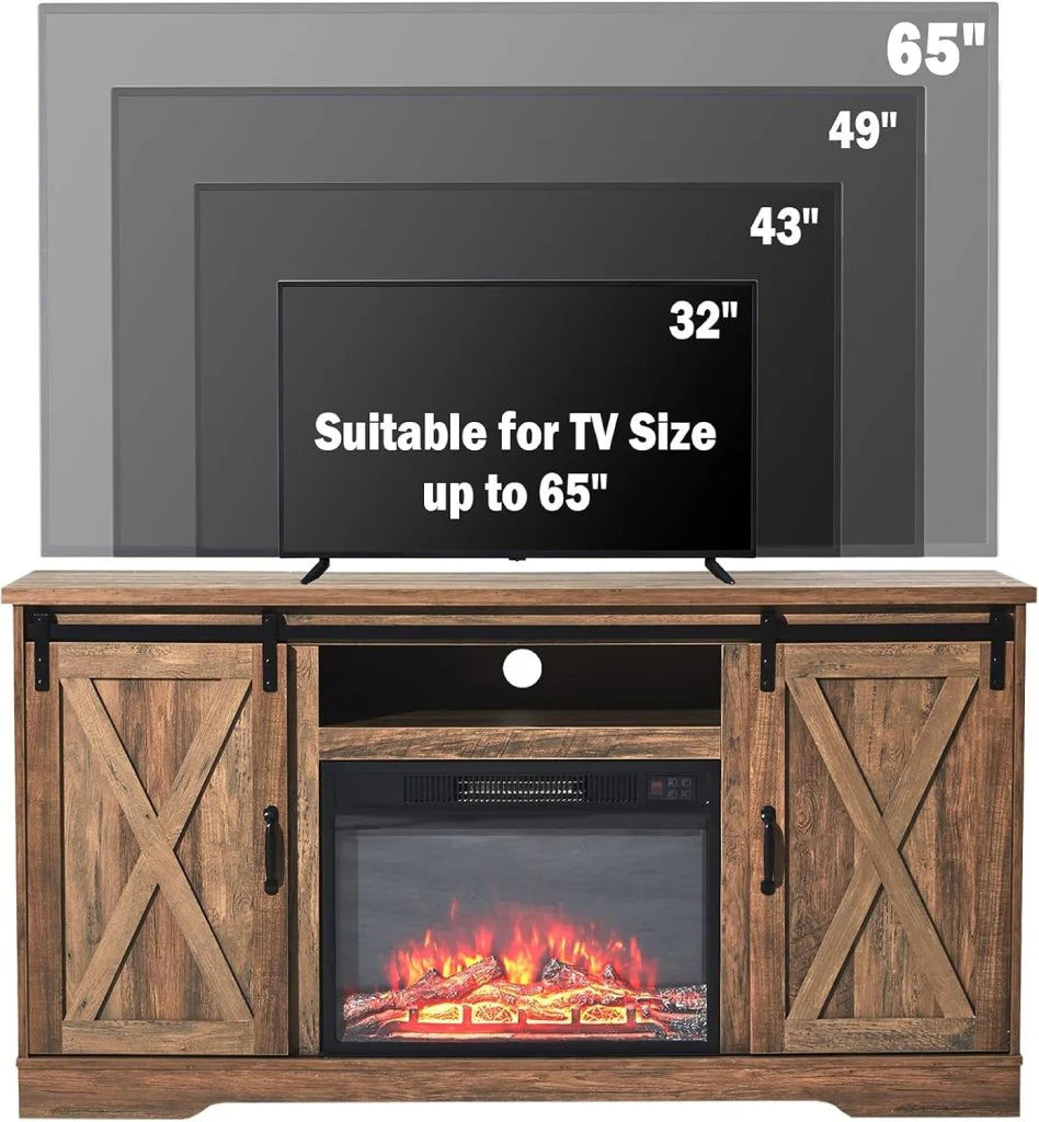 AMERLIFE Fireplace TV Stand with Sliding Barn Door for TVs up to 73, Farmhouse 63 Fireplace Entertainment Center with Storage Cabinets/Adjustable Shelves