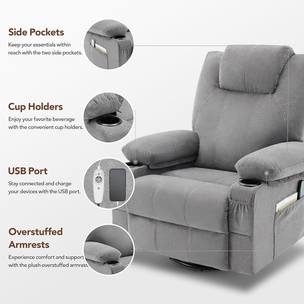 Large Swivel Rocking Recliner with Massage Function 360 Degree Swivel Rocking Single Sofa
