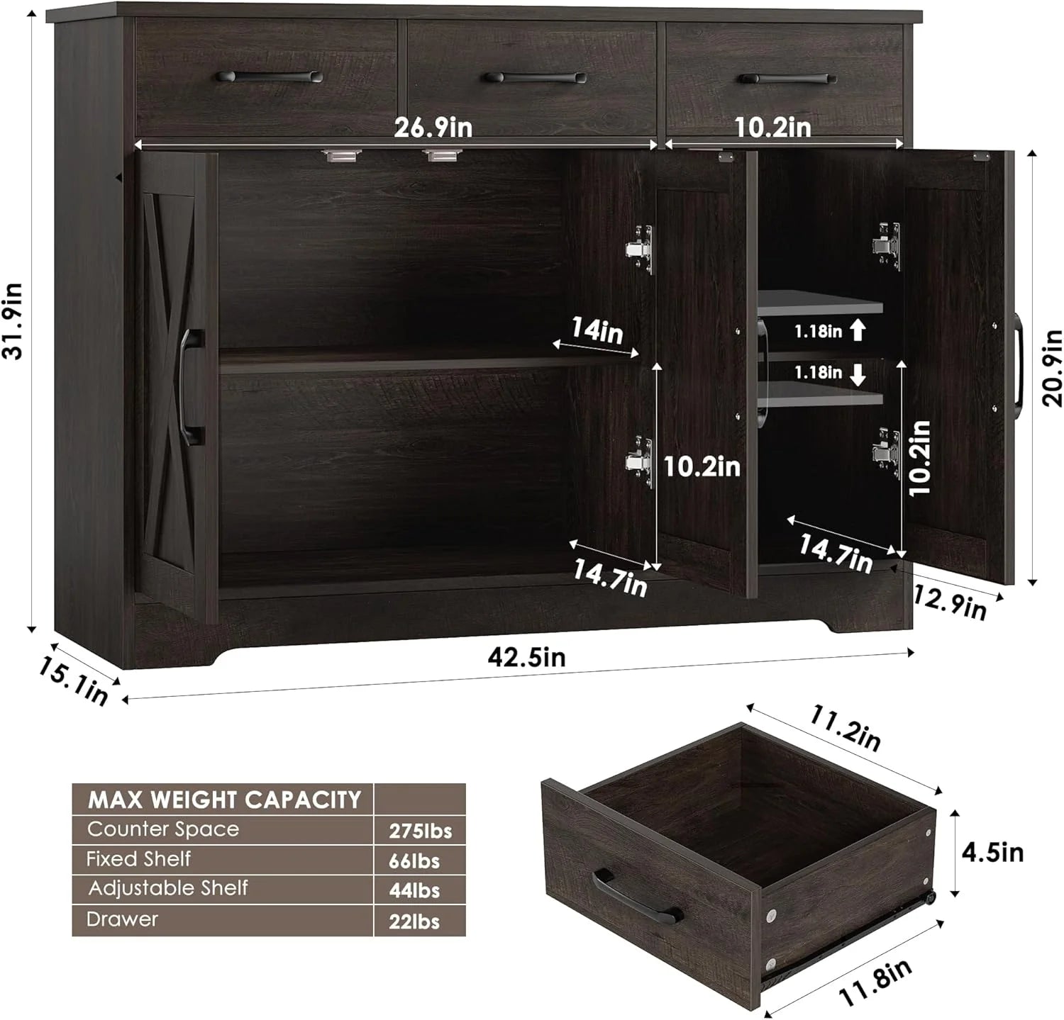 Modern farmhouse sideboard, barn door buffet storage cabinet with drawers and shelves, wooden coffee bar with storage