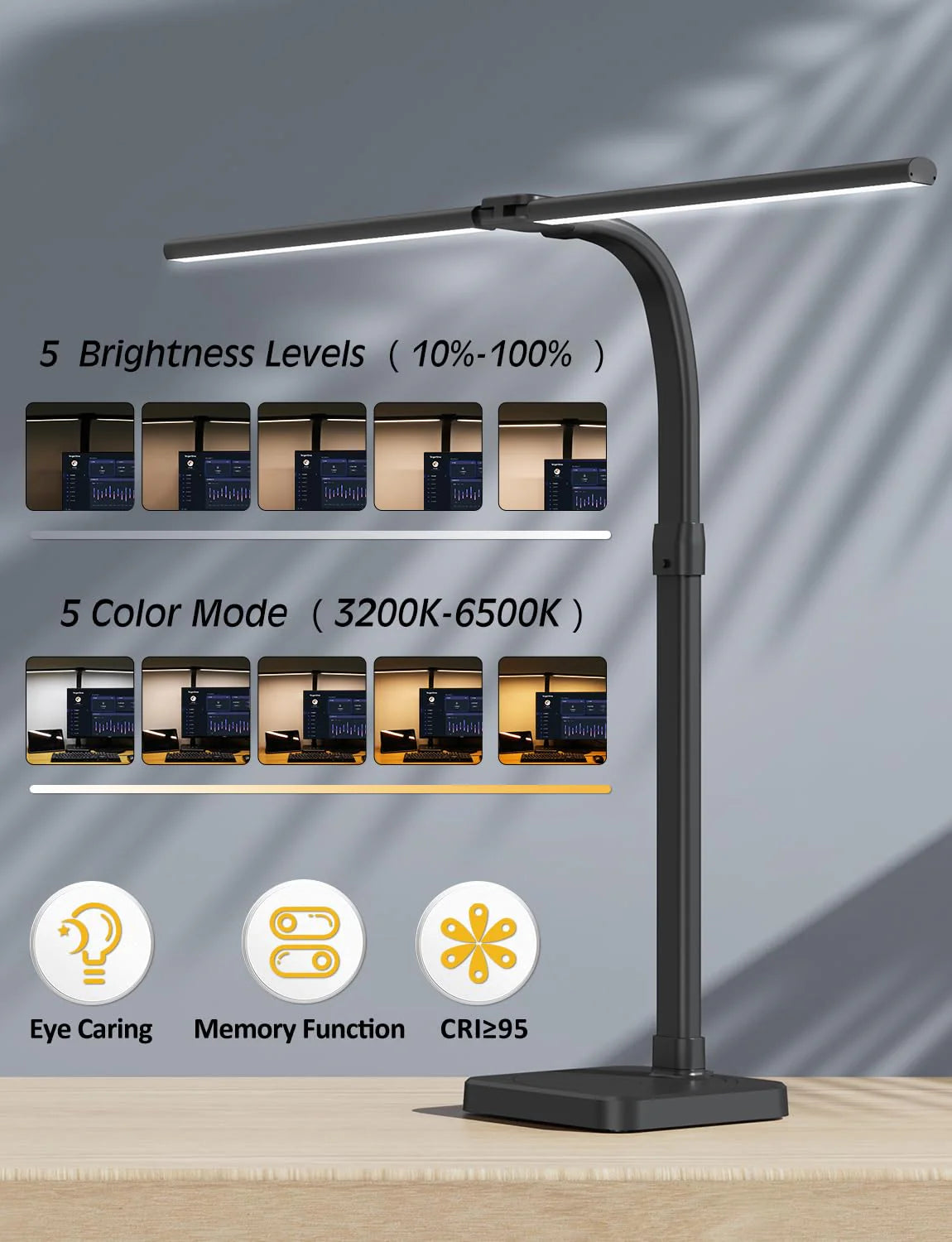 LED Desk Lamp for Home Office Double Head 24W Architect Light with 5 Brightness Levels Flexible Gooseneck