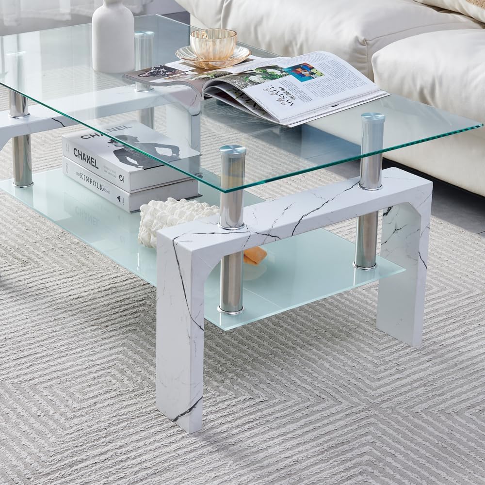 Living Room Rectangle Coffee Table, Tea Table Suitable for Waiting Room, Modern Side Coffee Table with Wooden Leg, Glass Tabletop