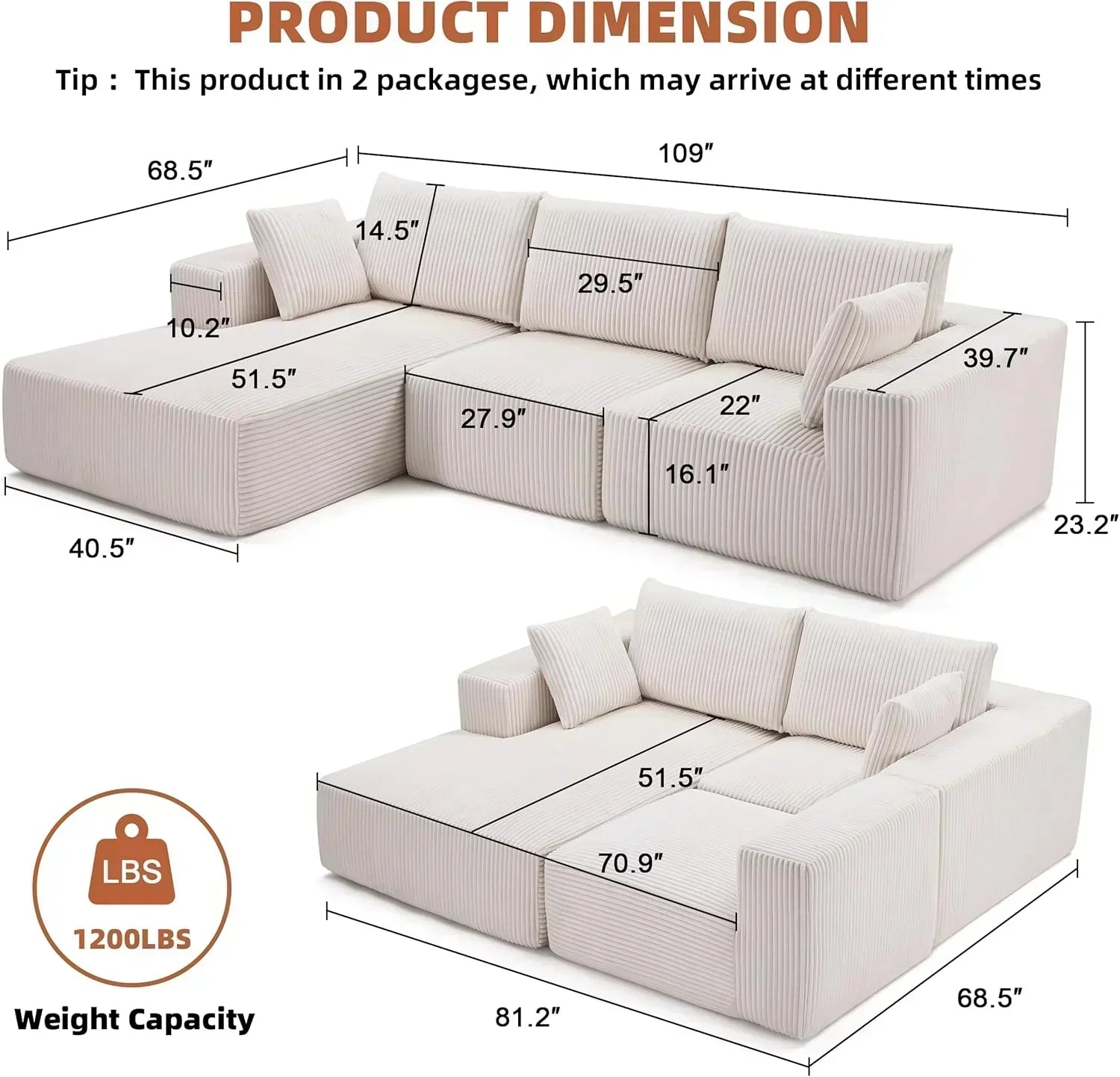 108-inch modular sofa cloud modular sofa with deep seat and reclining chair upholstered sofa