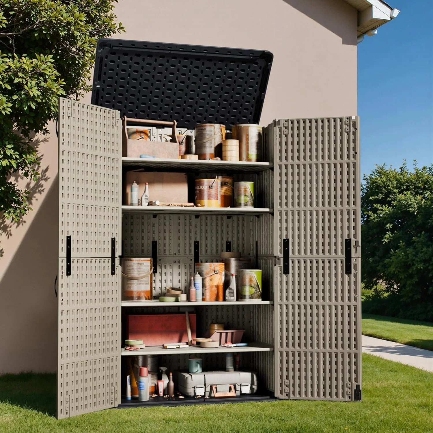 Greesum Outdoor Horizontal Storage Shed 27 Cu.ft Resin Large Storage Box for Garden Patio