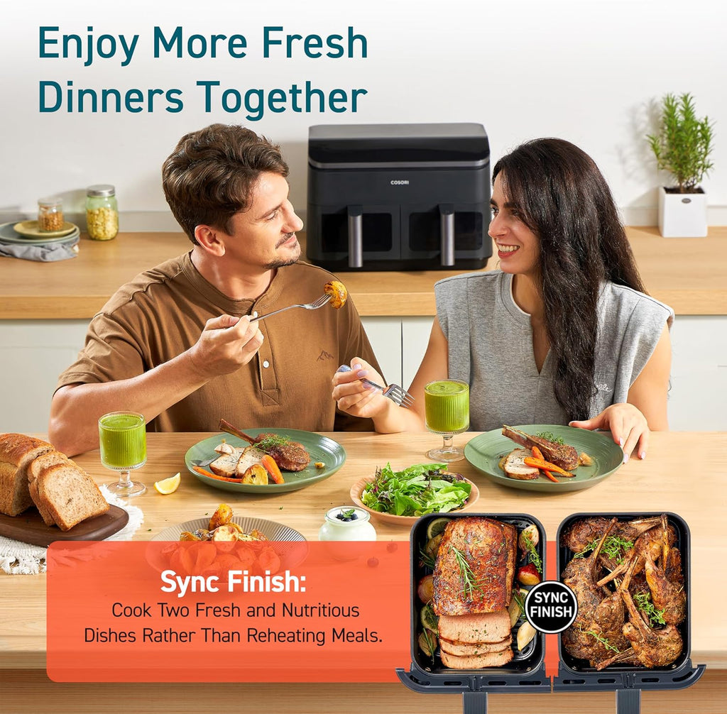 COSORI 9Qt 10-in-1 Dual Air Fryer Fresh Balanced Meals for Family with Double Baskets