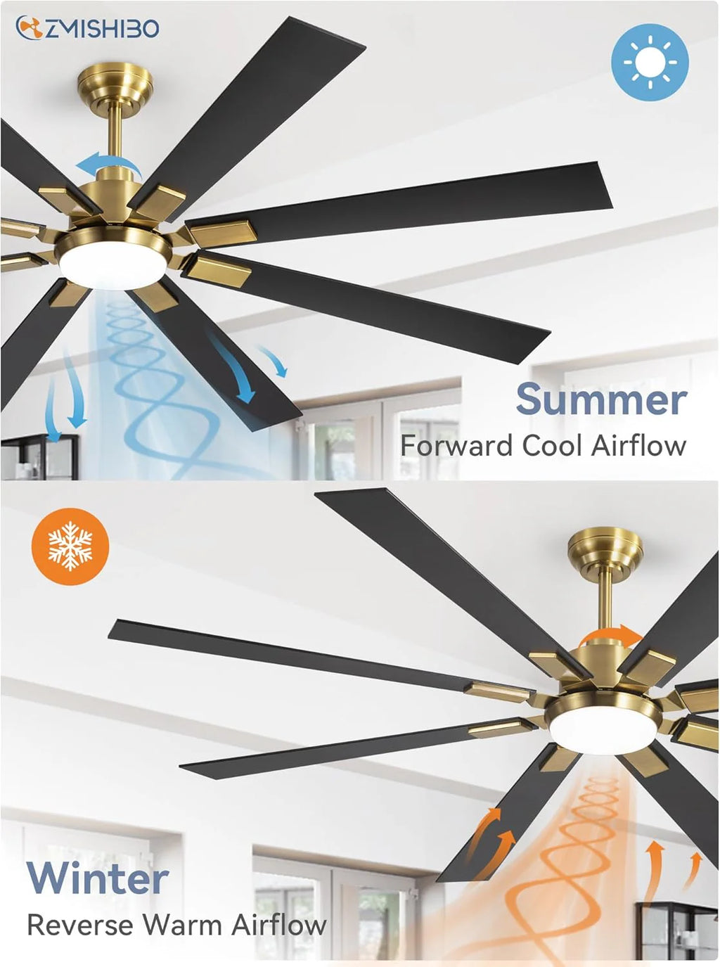 ZMISHIBO 72 inch Large Ceiling Fans with Lights and Remote, Indoor/Outdoor Black Modern Ceiling Fan for Kitchen Living Room Patio, 6 Speed Reversible Quiet DC Motor, 3 CCT, Dual Finish 8 Blades