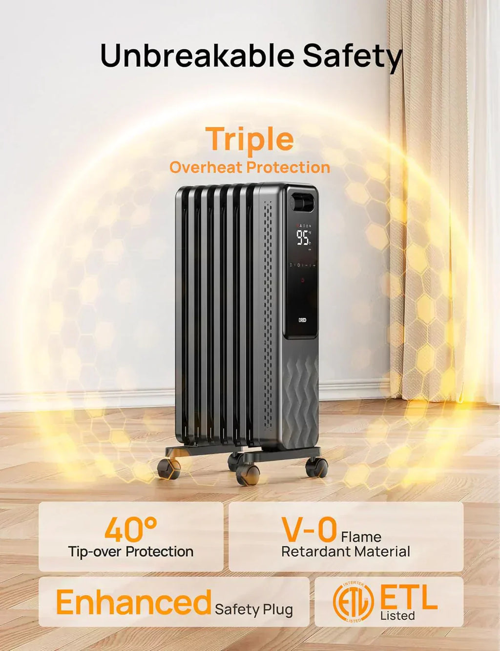 Indoor electric radiant heater with overheat and tip-over protection digital thermostat