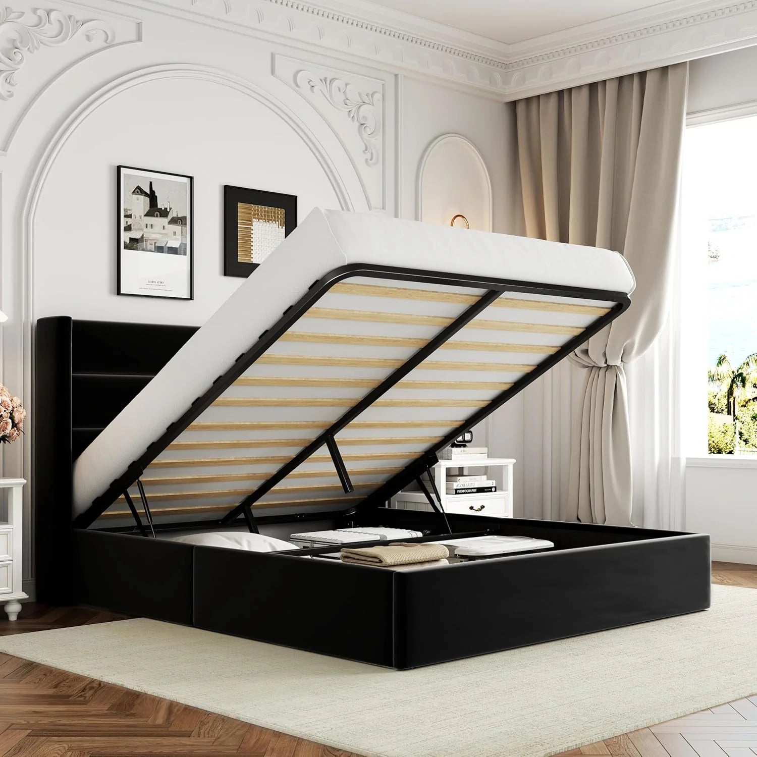 Allewie Queen Size Lift Up Storage Bed Modern Wingback Headboard Hydraulic Support