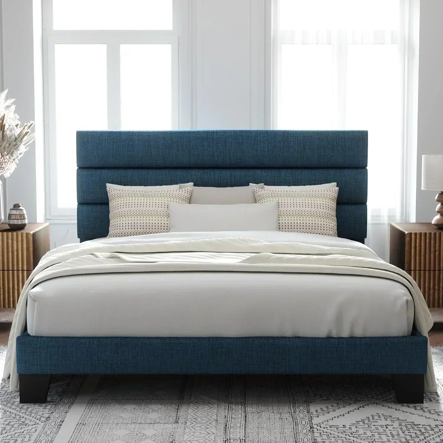 Allewie King size platform bed frame with velvet upholstered headboard and planks