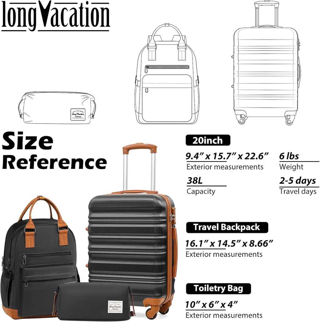 LONG VACATION 6 Piece Luggage Set Carry on Suitcase with ABS+PC hardshell, Spinner Wheels & YKK Zipper TSA Lock